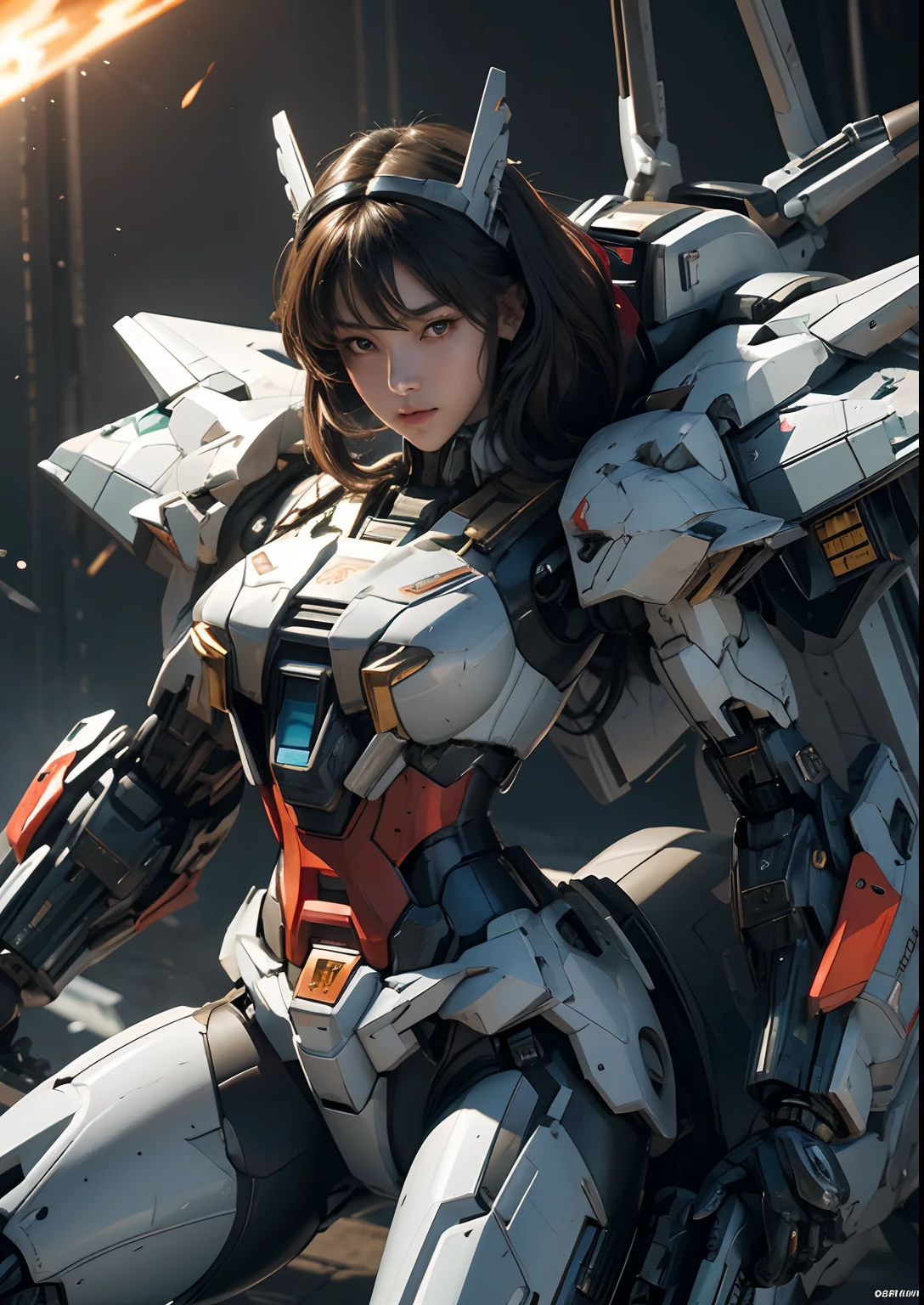Textured skin, Super Detail, high details, High quality, Best Quality, hight resolution, 1080p, hard disk, Beautiful,(Gundam),beautiful cyborg woman,Mecha Cyborg Girl,Battle Mode,Girl with a Mecha Body,She wears a futuristic Gundam mecha,Fulll body Shot