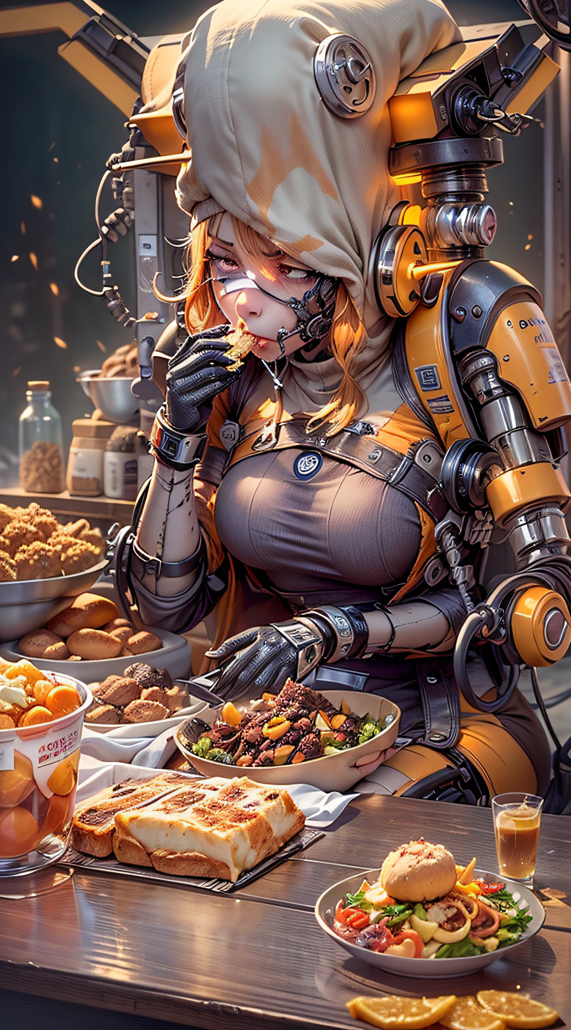 Best Quality, Masterpiece, 8k, RAW, 1 girl, ((apathetic)), orange color-theme , workinvendingmachine, strapped to a chair, tied up, immobilized, forced, dim light from the floor, (((force-fed by a machine:1.4))), can't stop eating, obesity, food-waste in background, withering food, molding food, (apathetic expression:1.4), (empty eyes:1.4), orange eyes, satisfaction, hunger, being fed, (apathy:1.4), force-fed, fed by machine, ((gluttony:1.2), food-fetish, morbidity, food addiction, never satisfied, empty