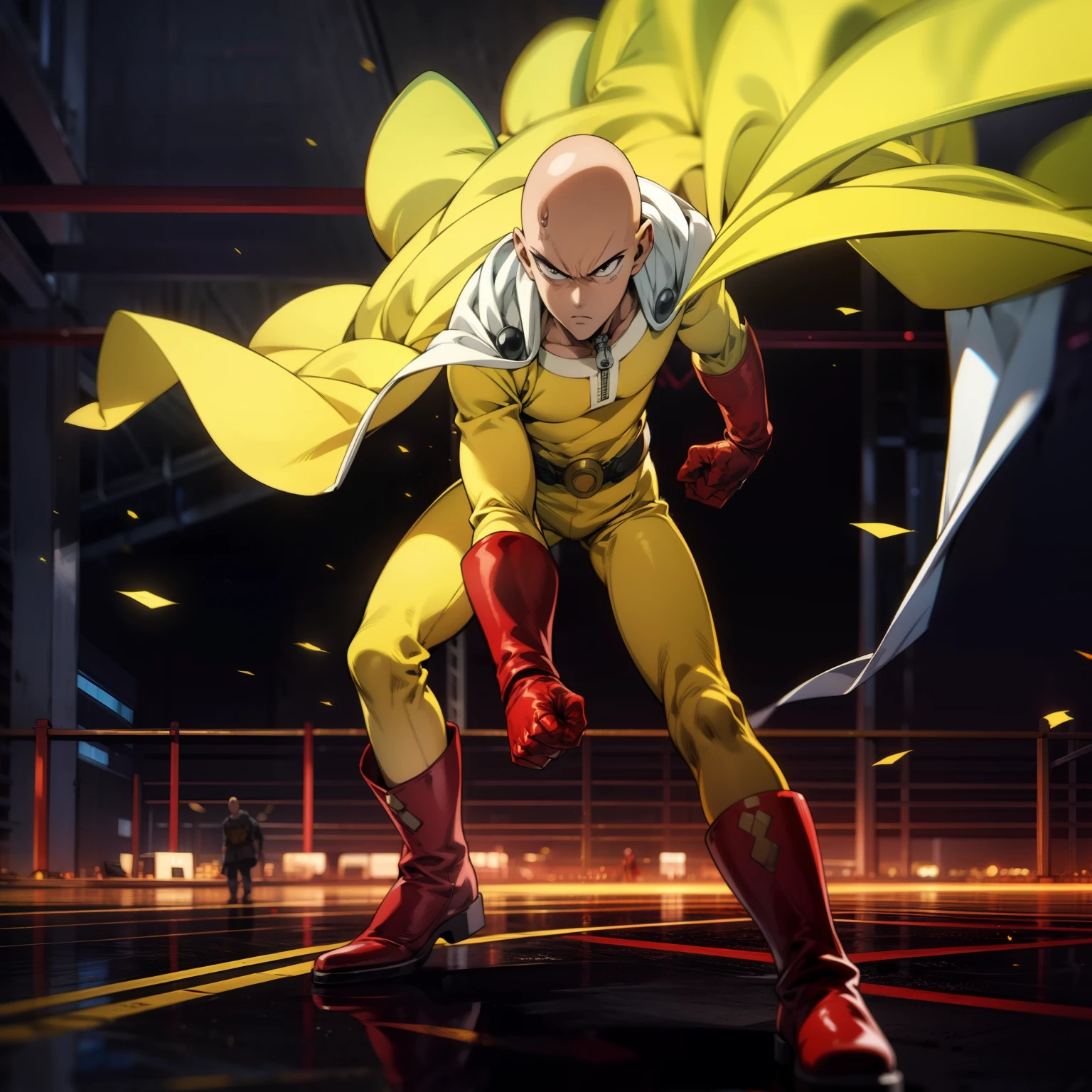 masterpiece, best quality, 1boy, (saitama), bald head, black eyes, red gloves and red boots, yellow clothes and white cape, eating burger, fast food, completely mad, eating, holding burger in both hand, open mouth, detailed face, aura power, night, natural light, standing, male focus, strong muscles, movie composition, deth of field, bokeh, cinematic (futuristic), (full body),