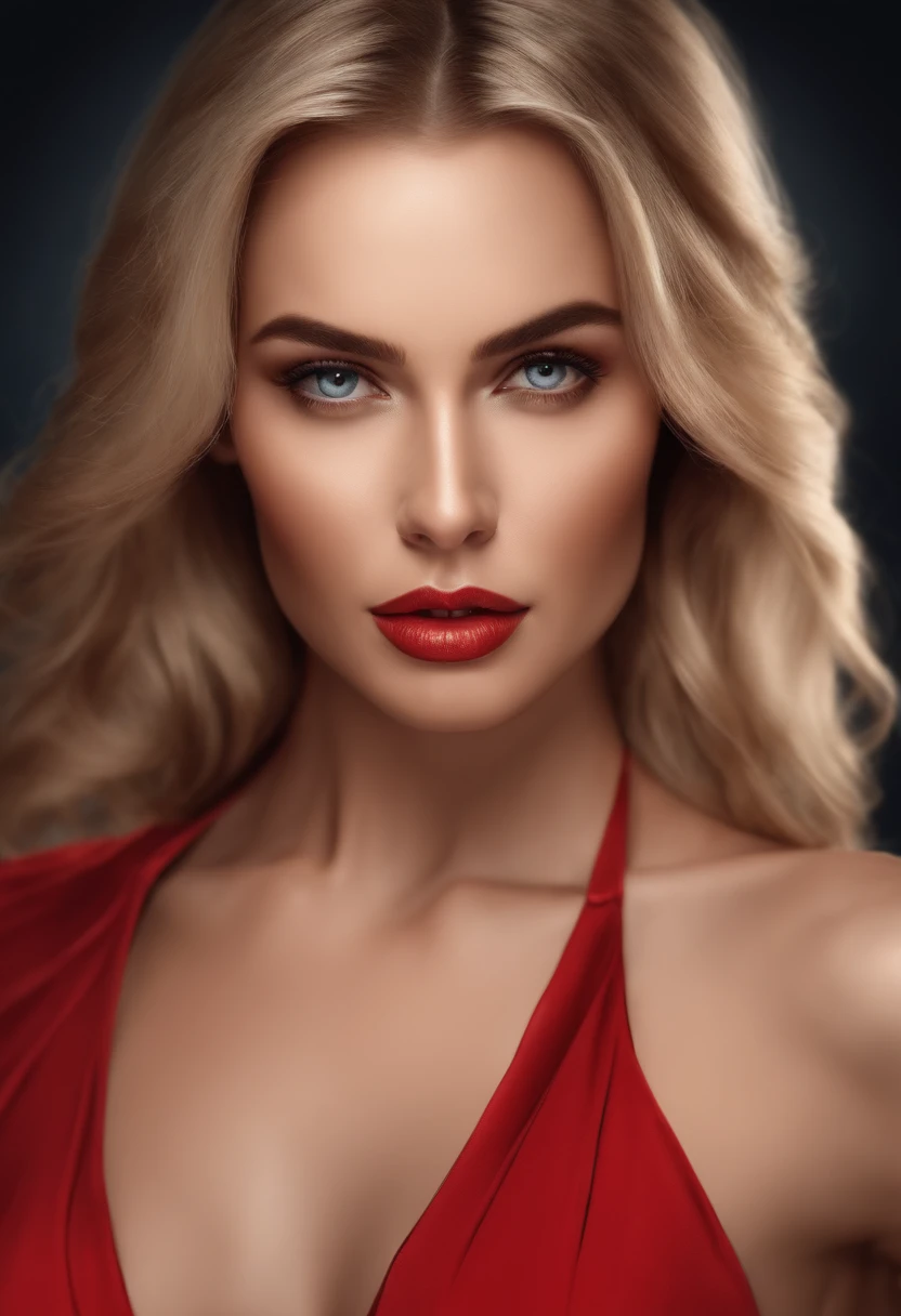 Realistic illustration of beautiful girl, blonde hair, serious expression, model position, front view, sexy woman style, red outfit, magazine actress.