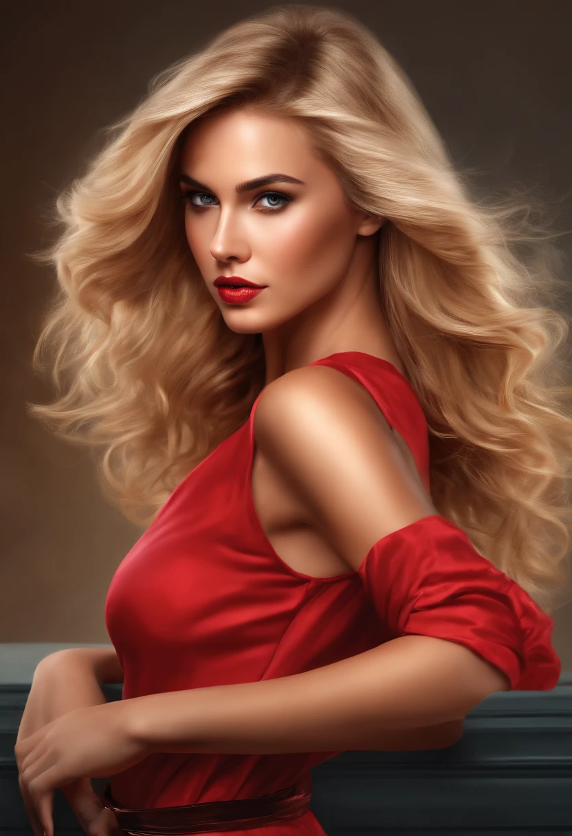 Realistic illustration of beautiful girl, blonde hair, serious expression, model position, front view, sexy woman style, red outfit, magazine actress.