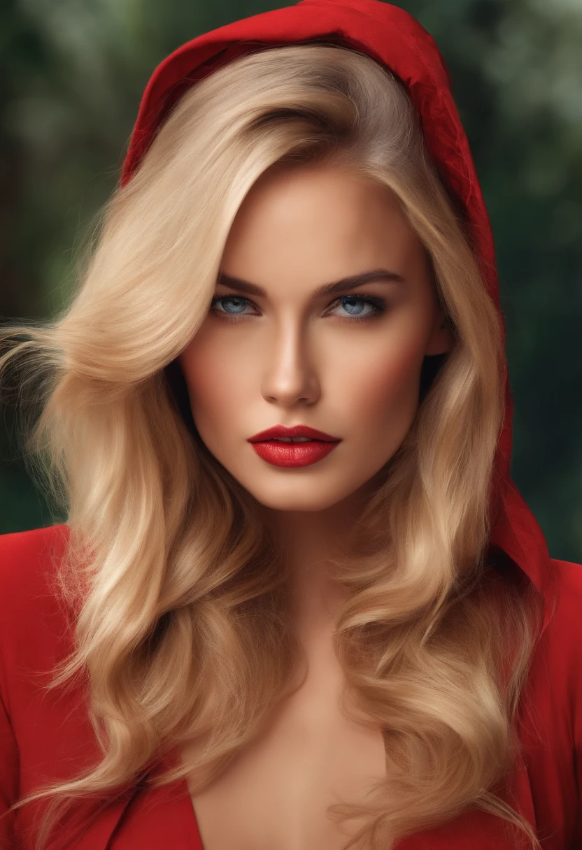 Realistic illustration of beautiful girl, blonde hair, serious expression, model position, front view, sexy woman style, red outfit, magazine actress.