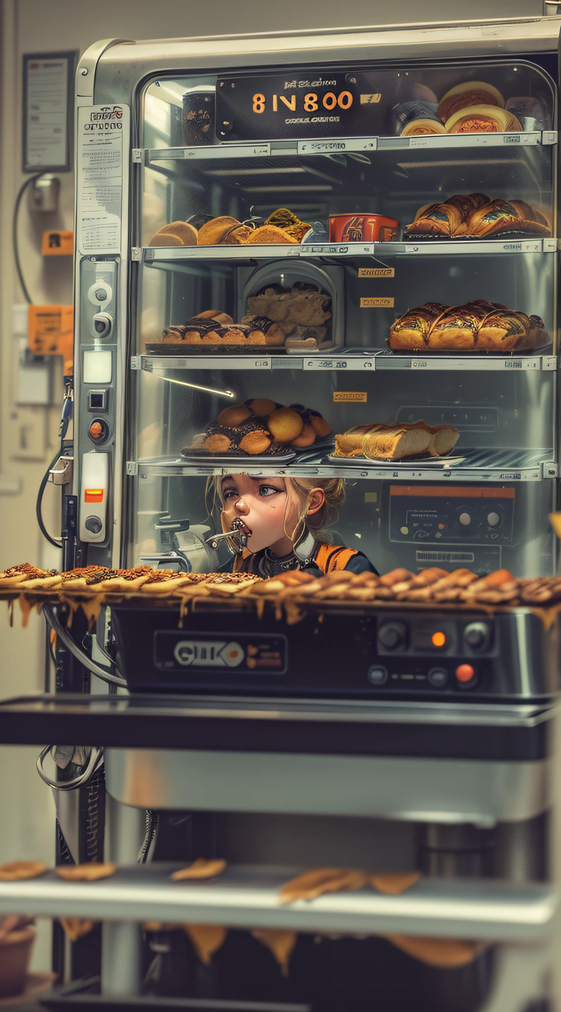 Best Quality, Masterpiece, 8k, RAW, 1 girl, ((apathetic)), orange color-theme , workinvendingmachine, strapped to a chair, tied up, immobilized, forced, dim light from the floor, (((force-fed by a machine:1.4))), can't stop eating, obesity, food-waste in background, withering food, molding food, (apathetic expression:1.4), (empty eyes:1.4), orange eyes, satisfaction, hunger, being fed, (apathy:1.4), force-fed, fed by machine, ((gluttony:1.2), food-fetish, morbidity, food addiction, never satisfied, empty