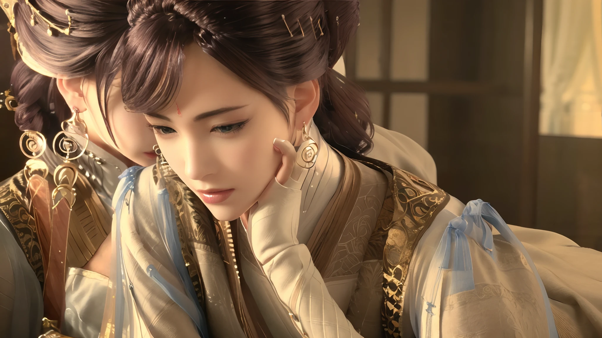 beautiful detailed eyes, beautiful detailed lips, extremely detailed eyes and face, long eyelashes, soft skin, flowing curly hair, delicate fingers, sensual curves, vibrant colors, traditional oil painting, realistic rendering, elegant posture, confident and alluring gaze, luxurious satin drape, sunlight filtering through the window, warm golden tones, soft shadows. (best quality, 4k, highres, ultra-detailed, photorealistic:1.37), classic, portraits, female , subtle lighting, tranquil atmosphere. --auto --s2