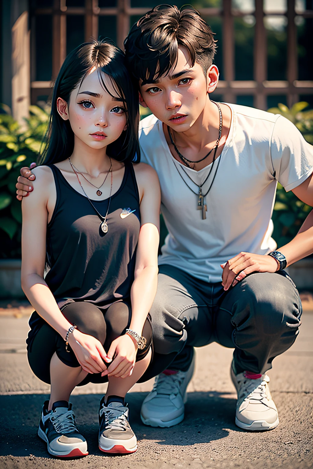 girl and boy, a couple love, 4k, very detail, realistic, necklace, many bracelet, nike shoes, full body, see viewer, 25 years old, scary face, grey theme, fancy