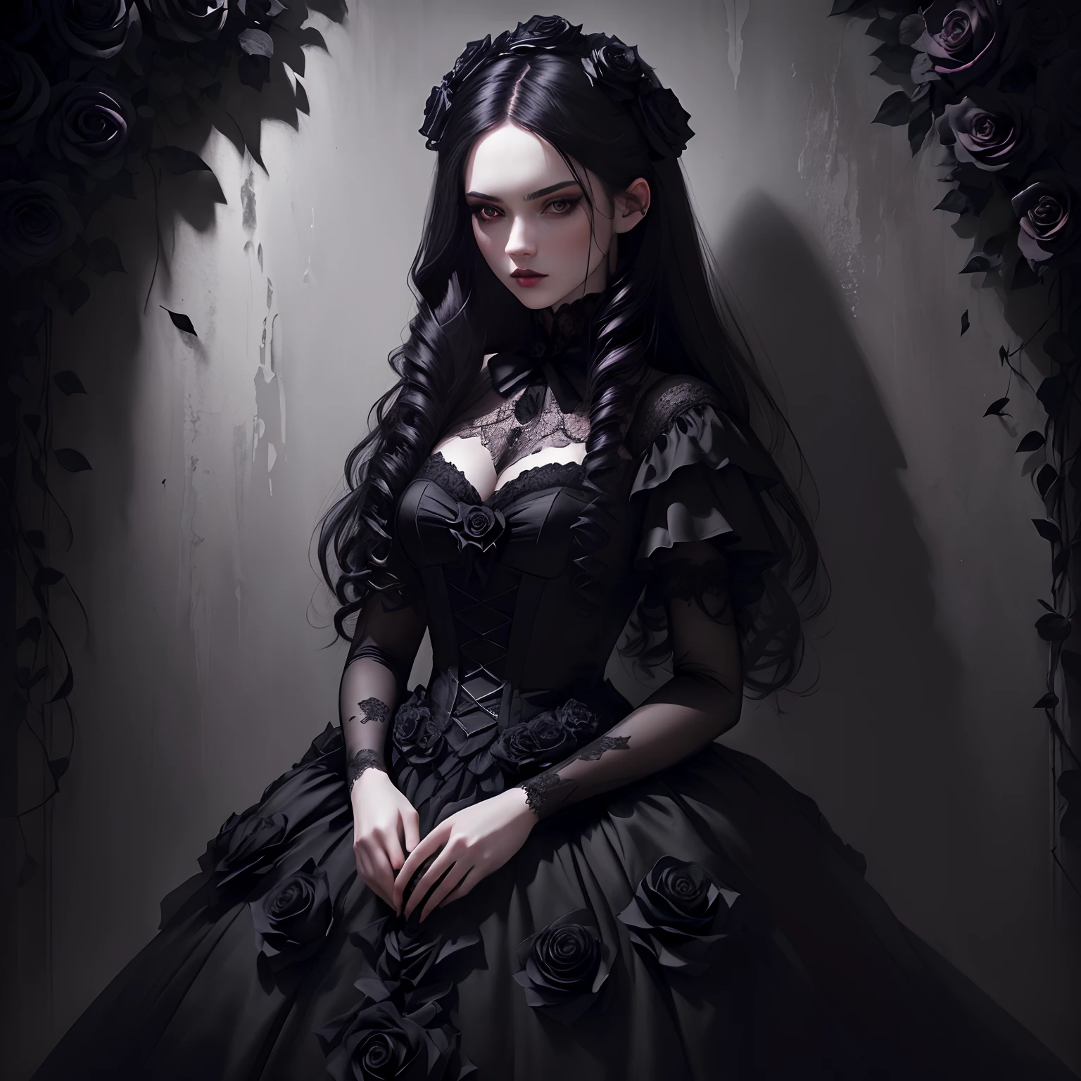highres,ultra-detailed,black roses as a backdrop,portrait,dark and moody lighting,dramatic shadows,vivid colors,bouquet of black roses,girl with pale skin and dark hair,powerful and mysterious atmosphere,gothic style,fine art photography for a bacdrop photography