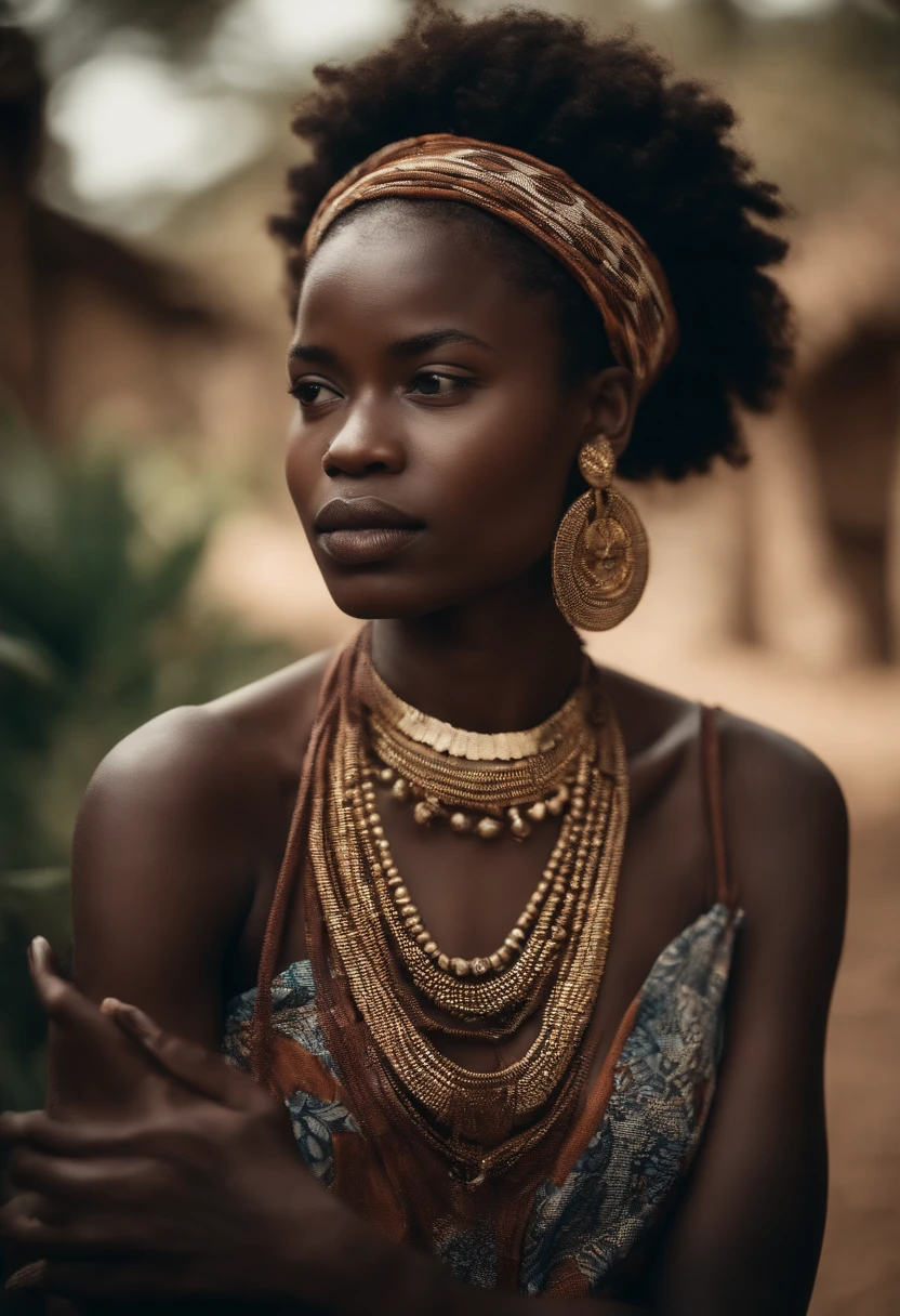African girl,abandoned hut in the forest,African clothing,African hairstyles,illustration,medium, detailed textures, vibrant colors,highres,realistic lighting,African patterns,natural environment,earthy colors,soft lighting,graceful posture,curly hair,braids,adornments,forest foliage,peaceful atmosphere,serene expression,traditional attire,unique ornaments,candid moment,authentic ambiance,open doorway,sunlight filtering through,gentle shadows,organic materials,rich culture,harmonious surroundings,traditional fabrics,ethnic diversity,tribal elements,sunlit pathway,natural beauty,tranquil setting,hidden gem,rustic charm.