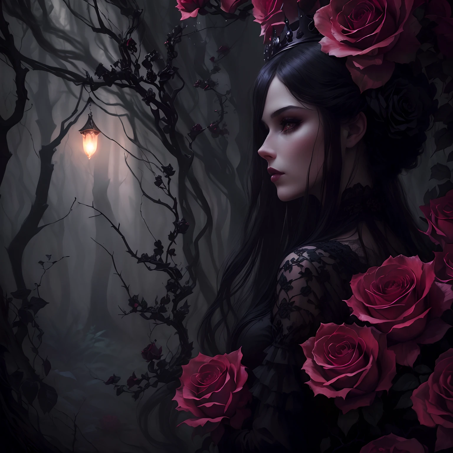 a crown of roses in a dark forest, dark fantasy style art, in style of dark fantasy art, fantasy dark art, dark fantasy mixed with realism, dark fantasy art, gothic fantasy art, artstyle tom bagshaw, dark fantasy portrait, dark fantasy digital art, dark fantasy illustration, she is the queen of black roses