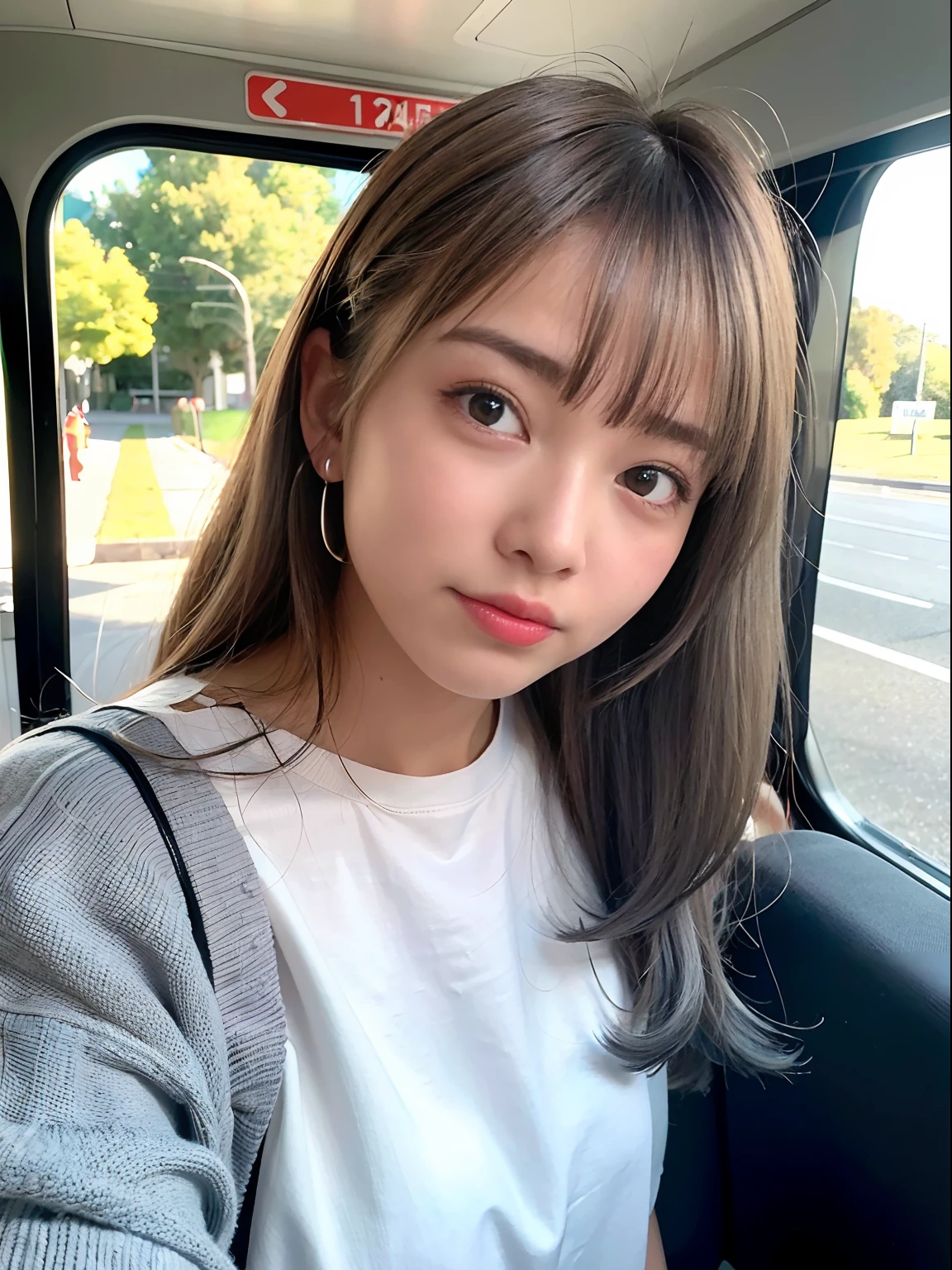 La mejor calidad, ultrahigh resolution (fotorrealista: 1,4), 1 chica, todo, (faded ash gray hair: 1), (pechos enormes: 1,3), mirando al espectador, primer plano, On a school bus with lots of girls around