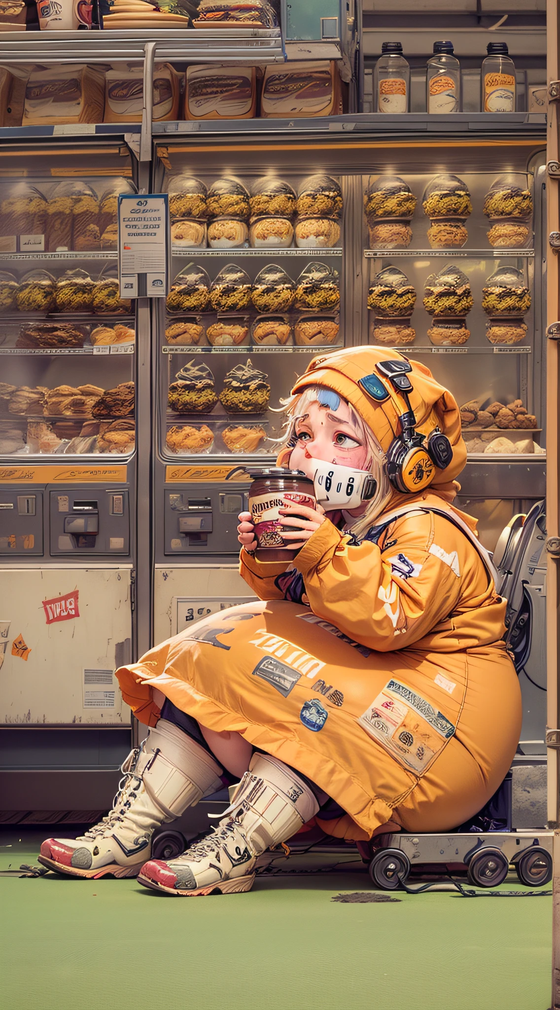 Best Quality, Masterpiece, 8k, RAW, 1 girl, ((apathetic)), orange color-theme , workinvendingmachine, strapped to a chair, tied up, immobilized, forced, dim light from the floor, (((force-fed by a machine:1.4))), can't stop eating, (obesity:1.2), food-waste in background, withering food, molding food, (apathetic expression:1.4), (empty eyes:1.4), orange eyes, satisfaction, hunger, being fed, (apathy:1.4), force-fed, fed by machine, ((gluttony:1.2), food-fetish, morbidity, food addiction, never satisfied, empty