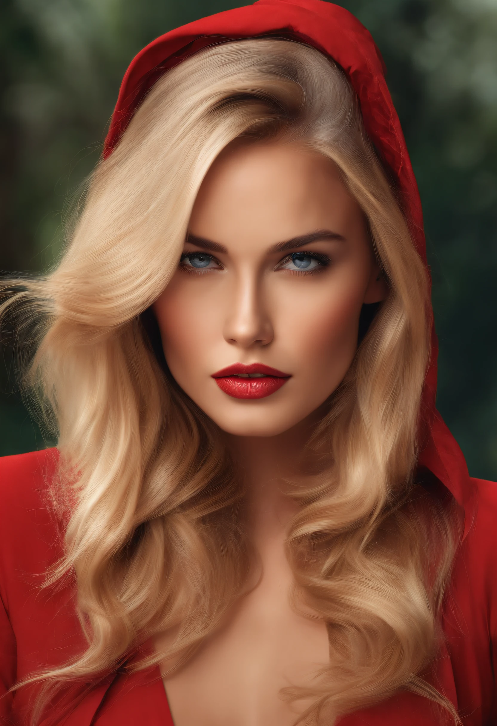 Realistic illustration of beautiful girl, blonde hair, serious expression, model position, front view, sexy woman style, red outfit, magazine actress.