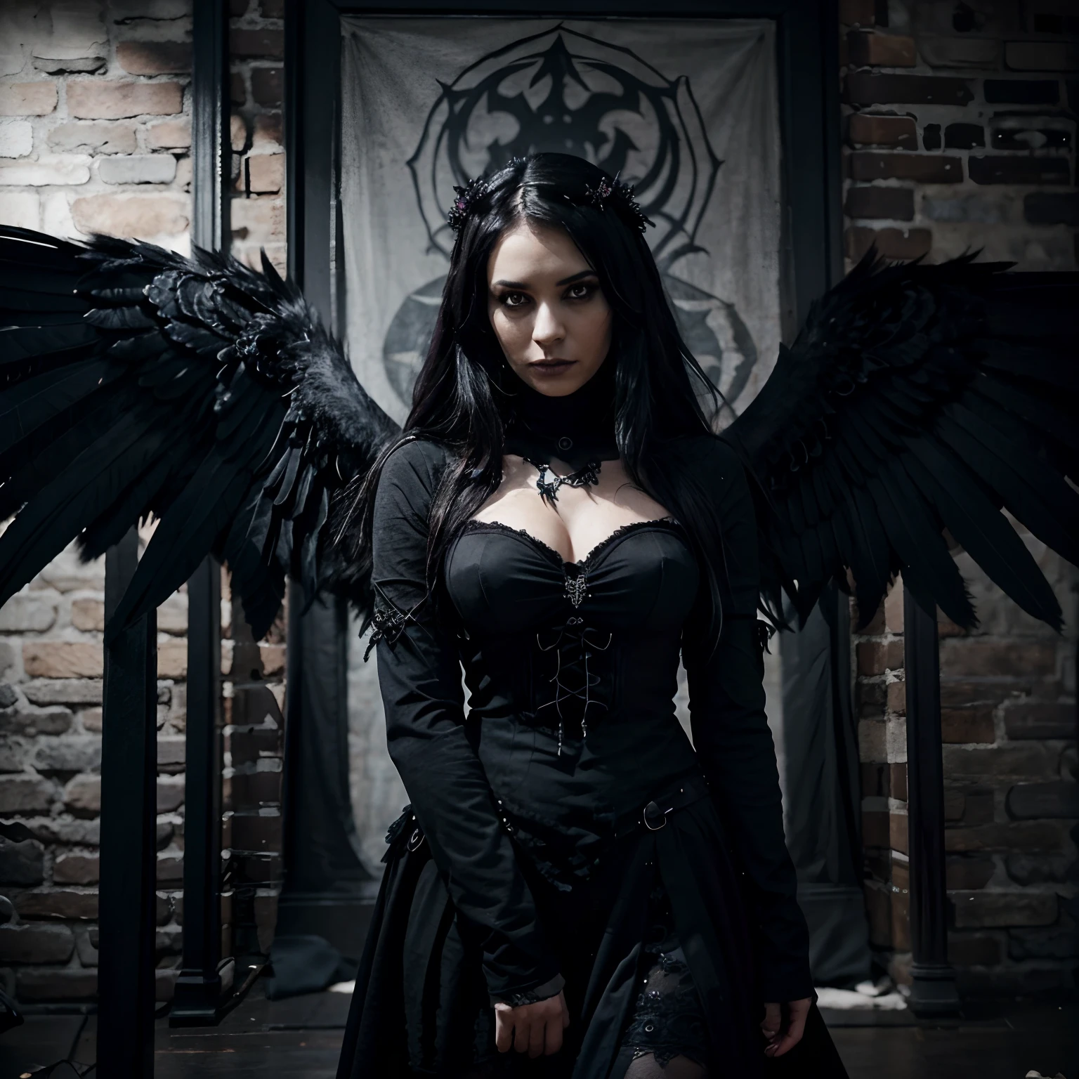 Generate a description of a gothic backdrop featuring raven wings that can serve as a background for people. The raven wings should be detailed and imposing, creating a sense of dark beauty and mystique. Describe the setting so that people can be easily placed in front of these wings, giving the impression that they are donning the wings in the photo.