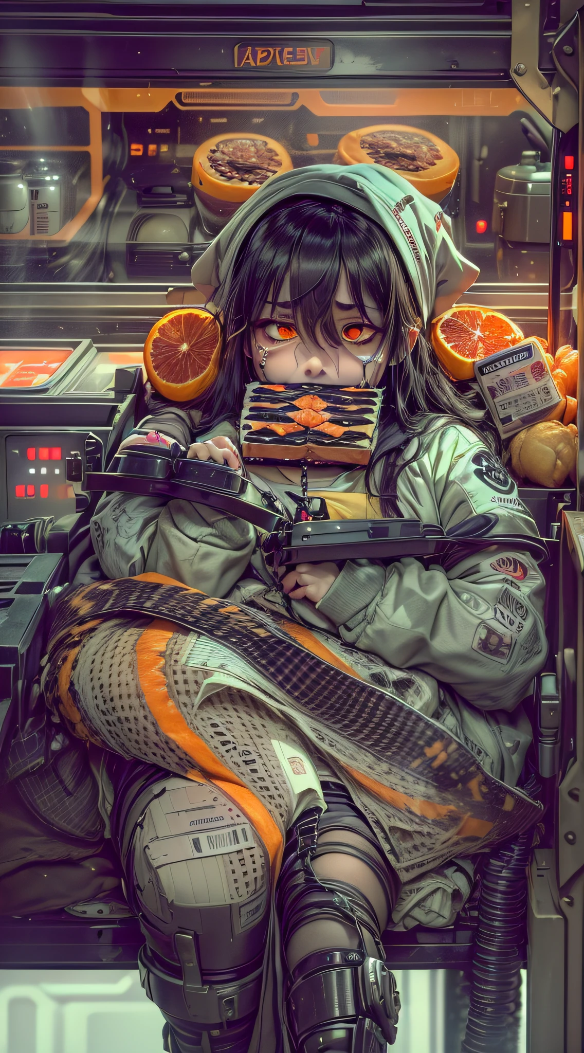 Best Quality, Masterpiece, 8k, RAW, 1 girl, ((apathetic)), orange color-theme , workinvendingmachine, strapped to a chair, tied up, immobilized, forced, dim light from the floor, (((force-fed by a machine:1.4))), can't stop eating, (obesity:1.2), food-waste in background, withering food, molding food, (apathetic expression:1.4), (empty eyes:1.4), orange eyes, satisfaction, hunger, being fed, (apathy:1.4), force-fed, fed by machine, ((gluttony:1.2), food-fetish, morbidity, food addiction, never satisfied, empty