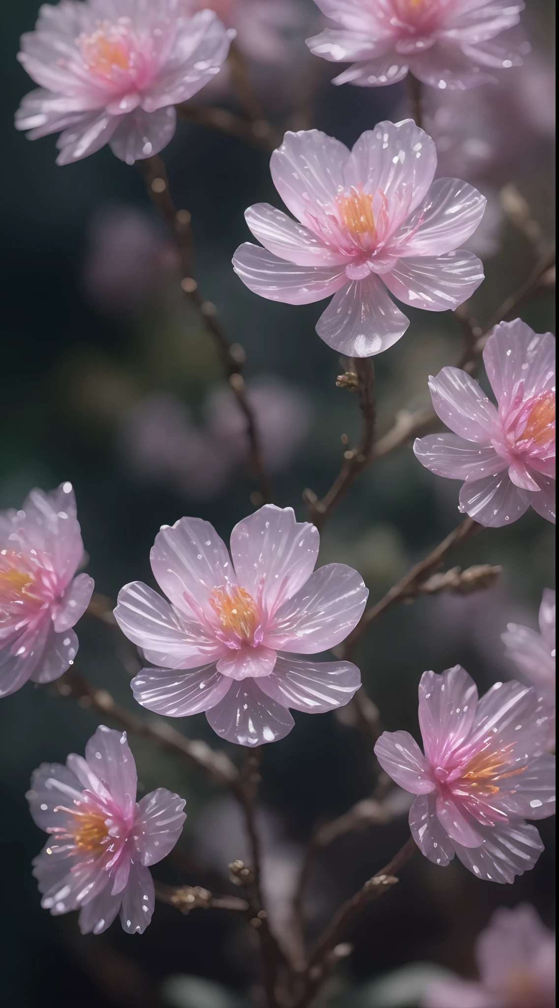 Crystal Sakura Blossom, fantasy, galaxy, transparent, glisten, elf, idyllic, colorfully, Magical Photography, dramatic light, photo realism, ultra-detail, 10, Depth of Field, high-res