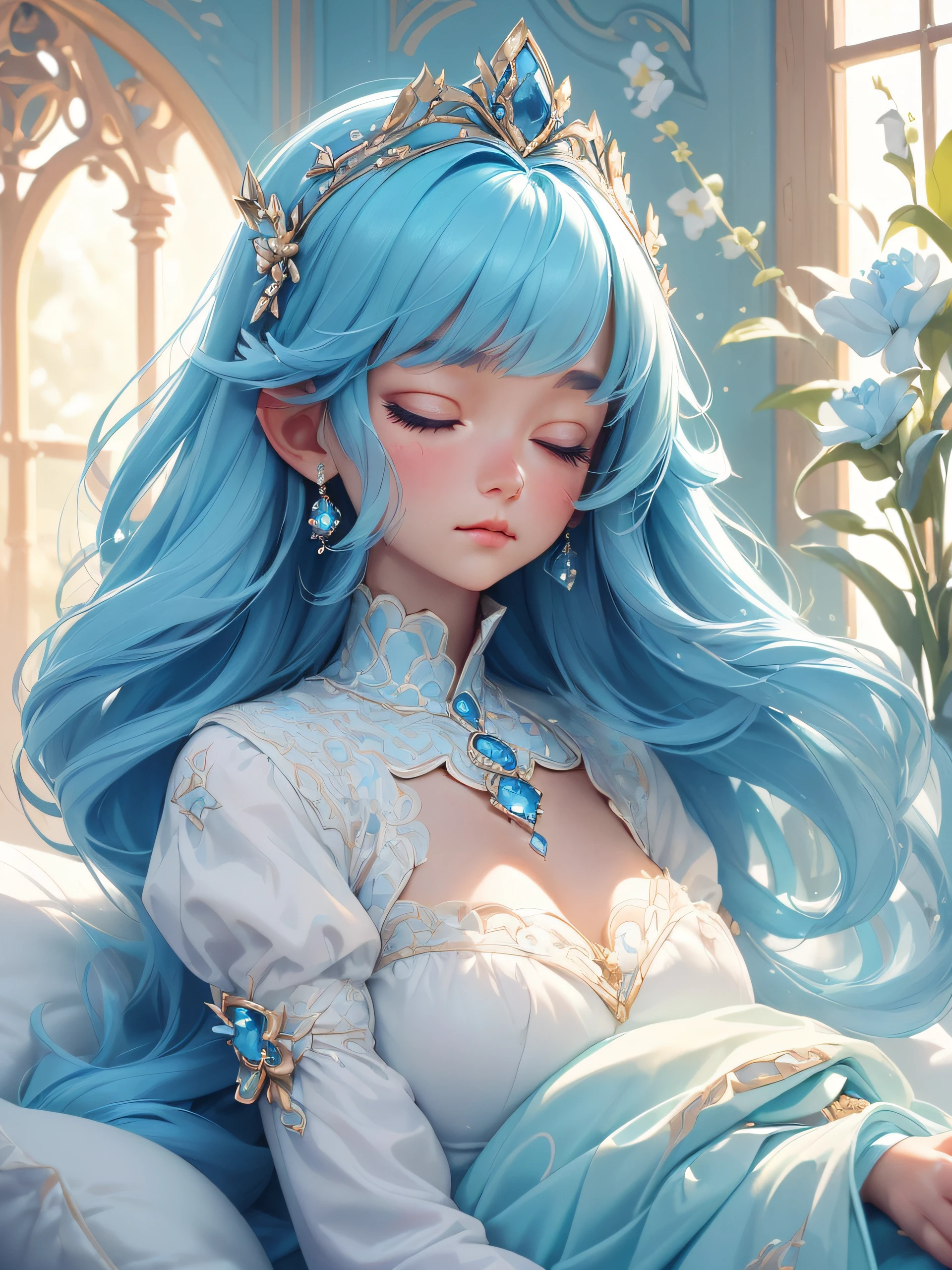 "(a captivating close-up face portrait, featuring the peaceful and serene face of a cute princess with striking blue hair.), (She is peacefully sleeping on a white wool bed in her house. 'extreme close-up,' focusing on the intricate details of the princess's face, her closed eyes, and her serene expression. capture the dreamlike quality of the scene in little light. highlight the beauty of the sleeping princess. visually enchanting and emotionally, conveys a sense of tranquility and otherworldly charm."