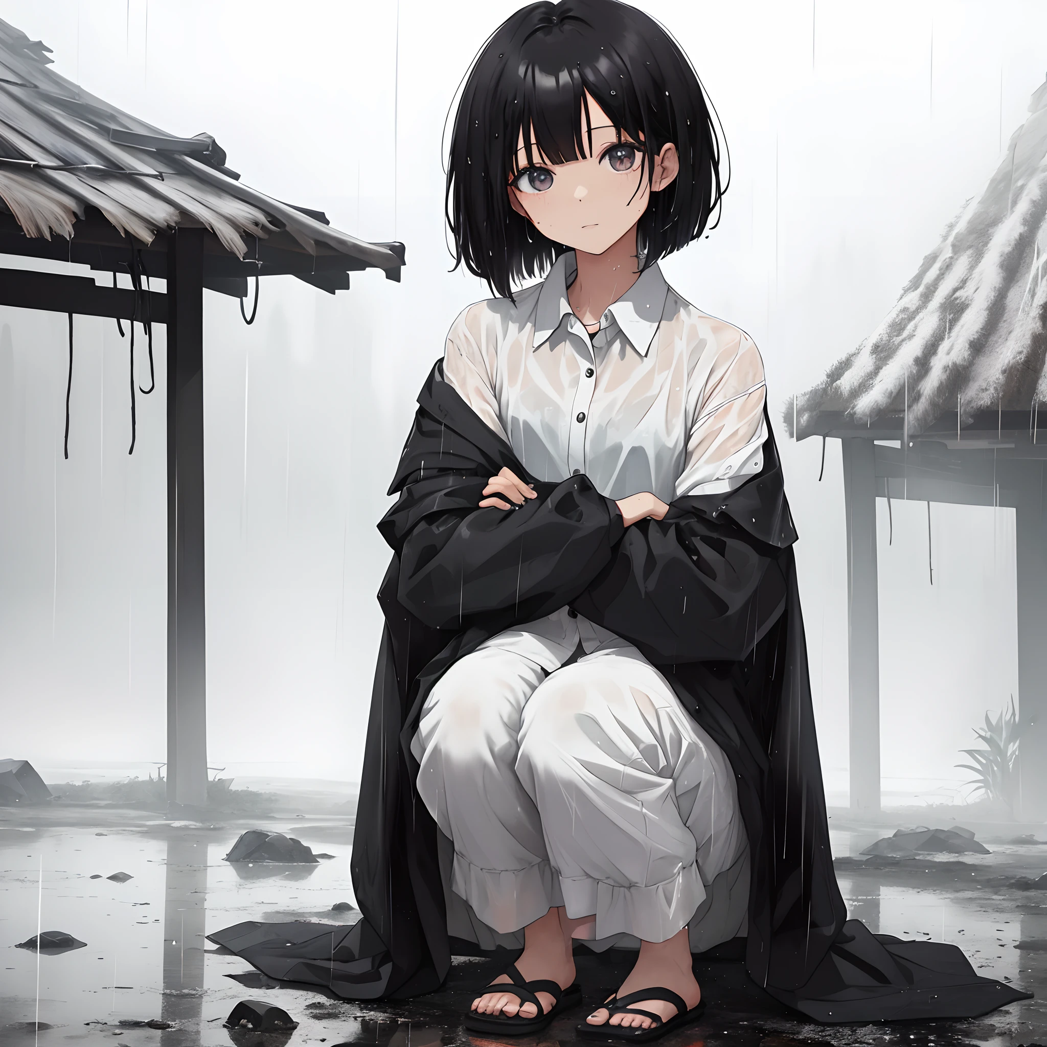 Woman sheltering in the rain、Black medium bob、white  shirt、wet​、I can see outside、Tattered hut、top-quality
