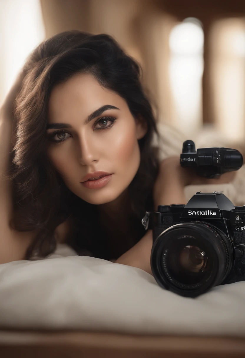 hyper realistic photography, Beautiful and intricate charm, A seductive look in her beautiful BLACK eyes, Perfect Anatomy, Posing in front of a SLR camera, In natural and bright light, Reflects light、Shine in her beautiful soft, slightly wavy black hair, BLACK SEE THROUGH UNDERWEAR, With great confidence, 8K UHD, Super masterpiece, Matilda Anna Ingrid Lutz. LAYING ON BED