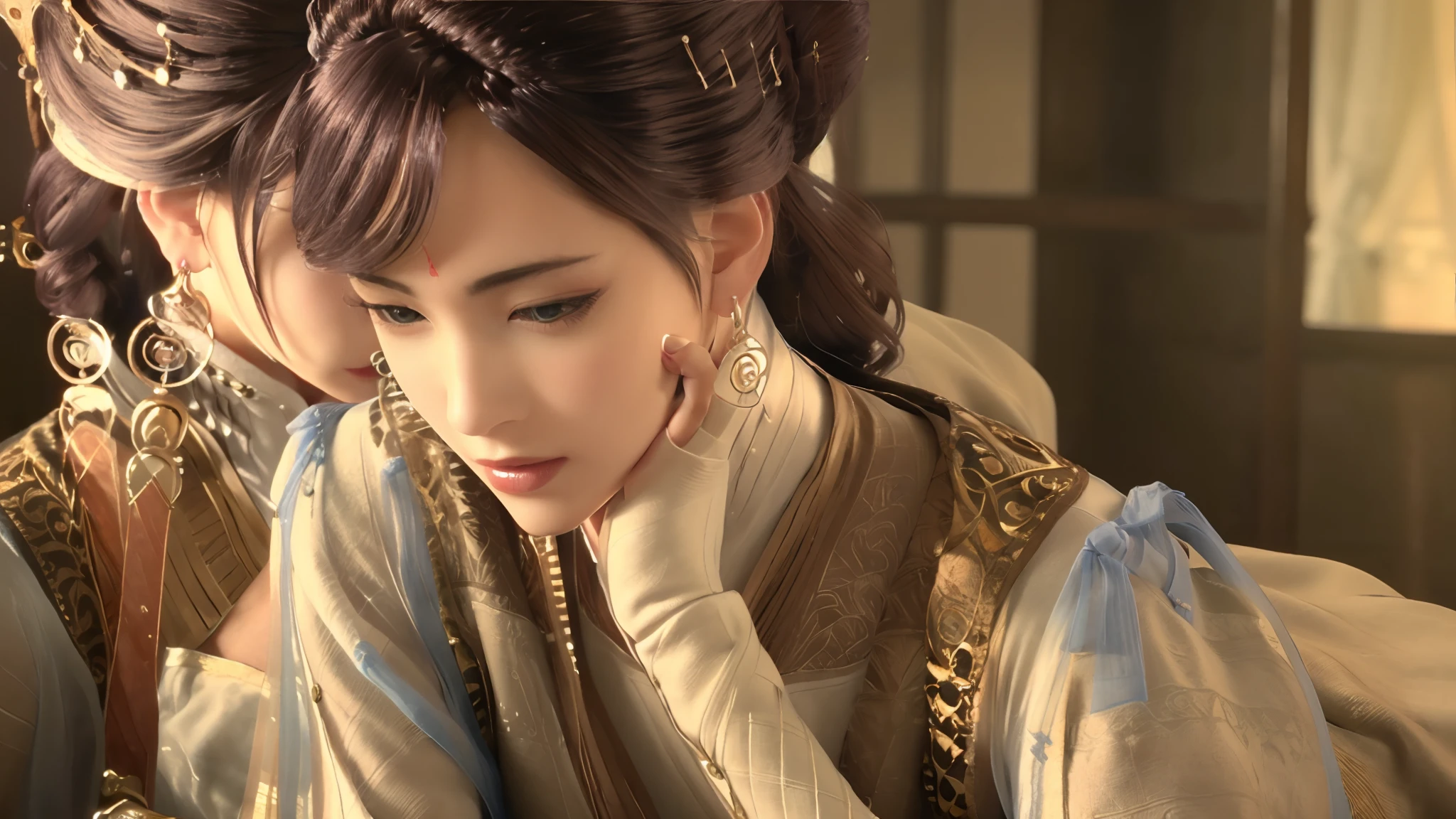 beautiful detailed eyes, beautiful detailed lips, extremely detailed eyes and face, long eyelashes, soft skin, flowing curly hair, delicate fingers, sensual curves, vibrant colors, traditional oil painting, realistic rendering, elegant posture, confident and alluring gaze, luxurious satin drape, sunlight filtering through the window, warm golden tones, soft shadows. (best quality, 4k, highres, ultra-detailed, photorealistic:1.37), classic, portraits, female , subtle lighting, tranquil atmosphere. --auto --s2
