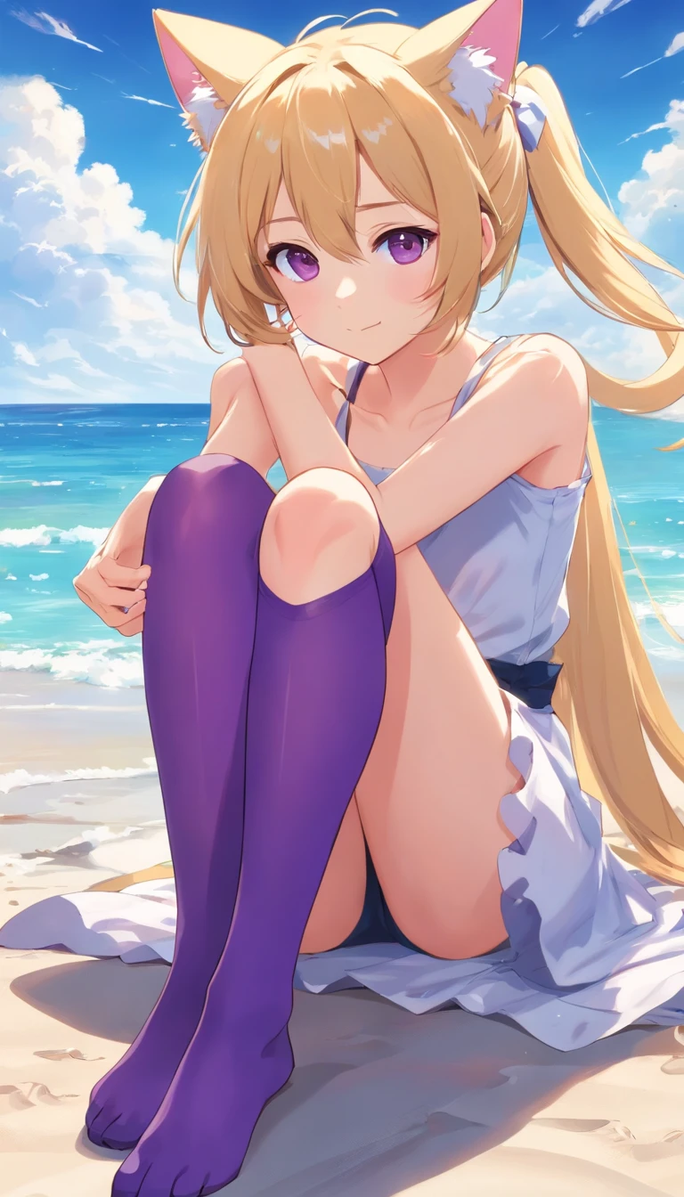 best qualtiy， tmasterpiece， 超高分辨率， realisticlying， 1 girl， Long pale yellow hair，Heterochromic pupils，Long legs，JK set，Keep your head down and be happy，Purple stockings，beachside，Cat ears，with blue sky and white clouds，wide angles