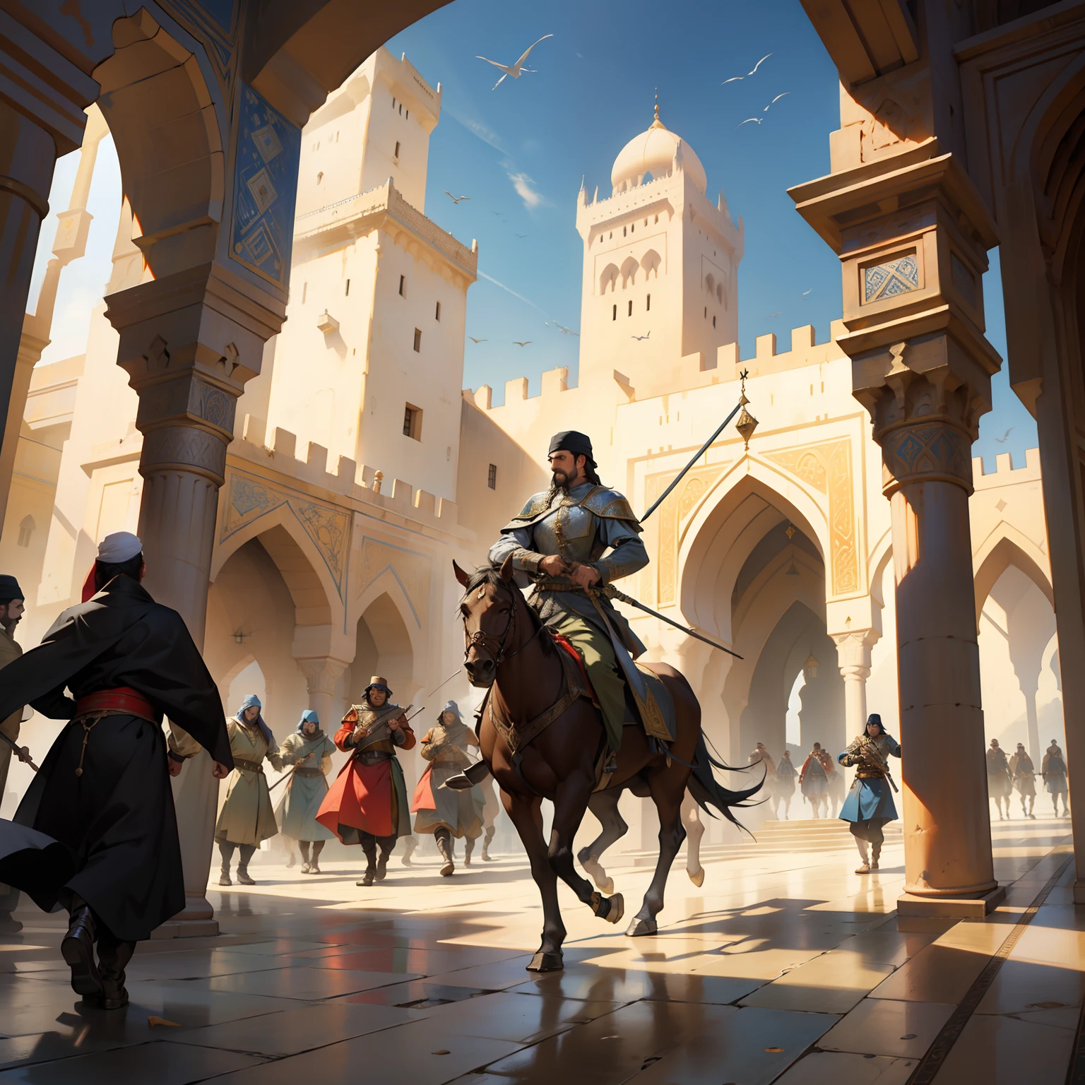 Moroccan islamic Beautiful city architecture hyper realistic super detailed Dynamic shot master piece of lord Dracul marching with his army
