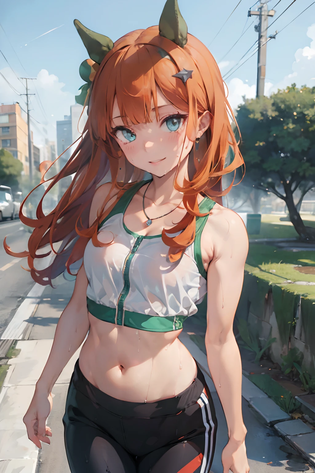 nsfw, masterpiece, 1 girl, intricately detailed, croptop, navel, necklace, orange hair, jogging pants, smiling, extremely detailed, photorealistic, octane render, 8 k, unreal engine., bare breasts, bare stomach, sweaty, puddle, wet body, beautiful face, small breasts, ite body, chilat chest, silence suzuka \(umamusume\), jogging, park, horse ear, horse tail, bare shoulders, sport bra