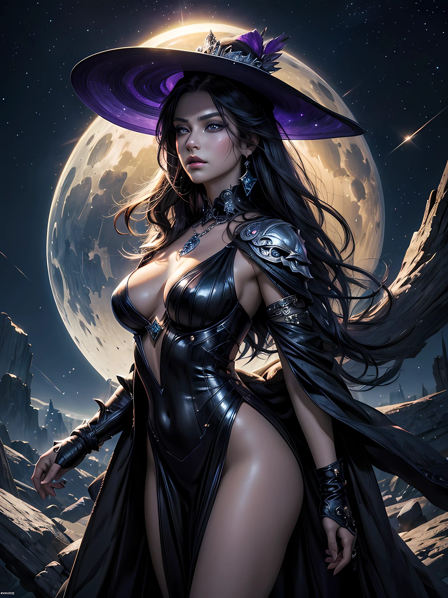 Top quality, Photorealistic, 8K, High Definition, Unity 8K wallpaper, high res, ultra sharp, masterpiece, ((masterpiece)), best quality, expressive eyes, perfect face, Super eyes, masterpiece, highly detailed exquisite character art, epic fantasy digital art style, detailed digital 3D fantasy art, ultra-realistic, Top quality, Photorealistic, 8K, High Definition, absurd res, high res, ultra sharp, masterpiece, (masterpiece), best quality, expressive eyes, perfect face, Super eyes, masterpiece, highly detailed exquisite character art, epic fantasy digital art style, detailed digital 2d fantasy art, ultra-realistic, mythology, female, goddess of the night, Nyx of night, midnight, fully covered black and purple glitter Bodycon Dress, mature, glitter, glamourous, classy, sexy, oversized purple sun hat, stars in the sky, dark makeup, rings, necklace, earrings, dark powers, in an astral plane, moonlight god rays, magical heroic pose, magical