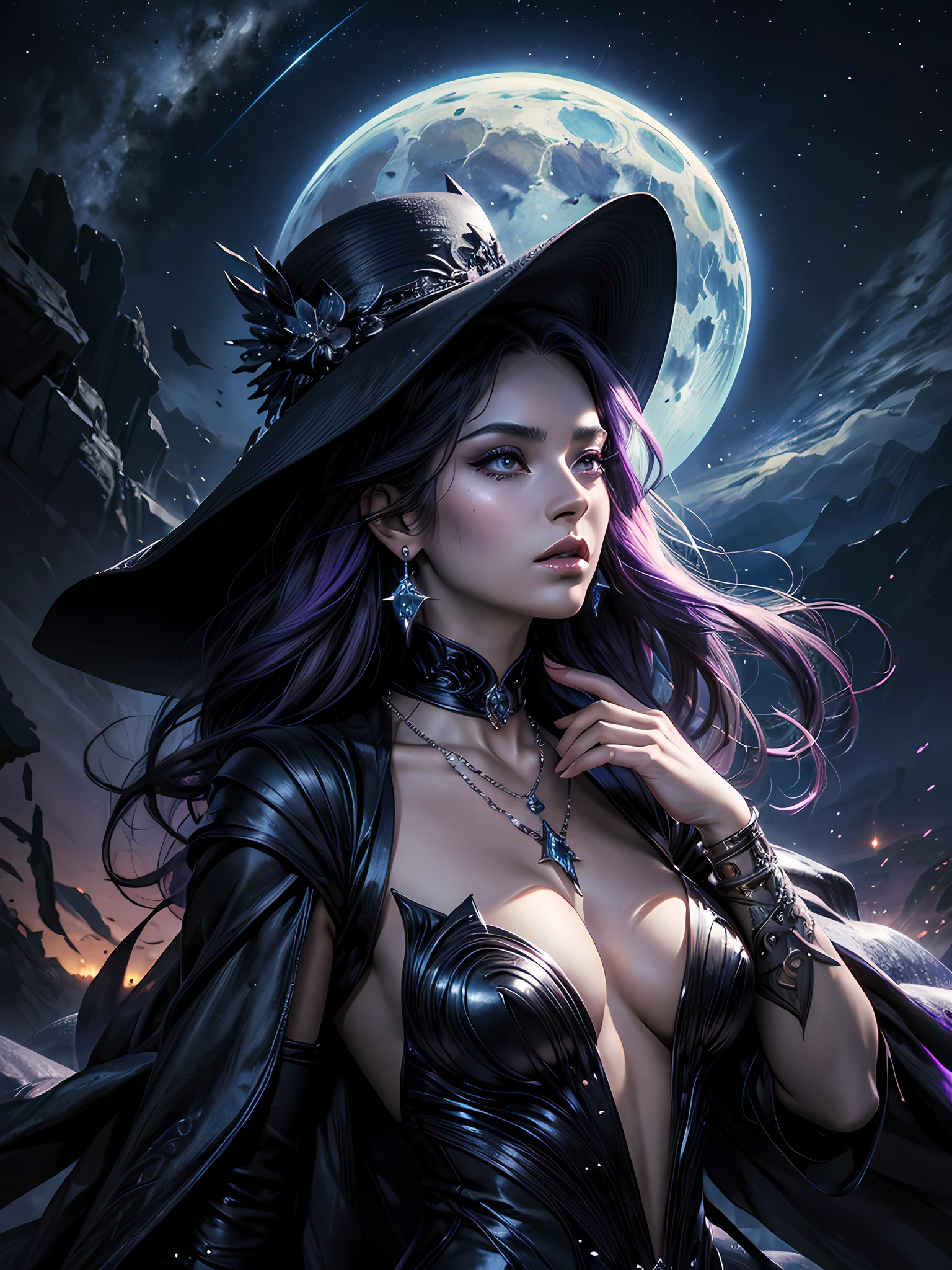 Top quality, Photorealistic, 8K, High Definition, Unity 8K wallpaper, high res, ultra sharp, masterpiece, ((masterpiece)), best quality, expressive eyes, perfect face, Super eyes, masterpiece, highly detailed exquisite character art, epic fantasy digital art style, detailed digital 3D fantasy art, ultra-realistic, Top quality, Photorealistic, 8K, High Definition, absurd res, high res, ultra sharp, masterpiece, (masterpiece), best quality, expressive eyes, perfect face, Super eyes, masterpiece, highly detailed exquisite character art, epic fantasy digital art style, detailed digital 2d fantasy art, ultra-realistic, mythology, female, goddess of the night, Nyx of night, midnight, black and purple glitter Stretch Bodycon Midi Dress, mature, glitter, glamourous, classy, sexy, oversized purple sun hat, stars in the sky, dark makeup, rings, necklace, earrings, dark powers, in an astral plane, moonlight god rays, magical heroic pose, magical
