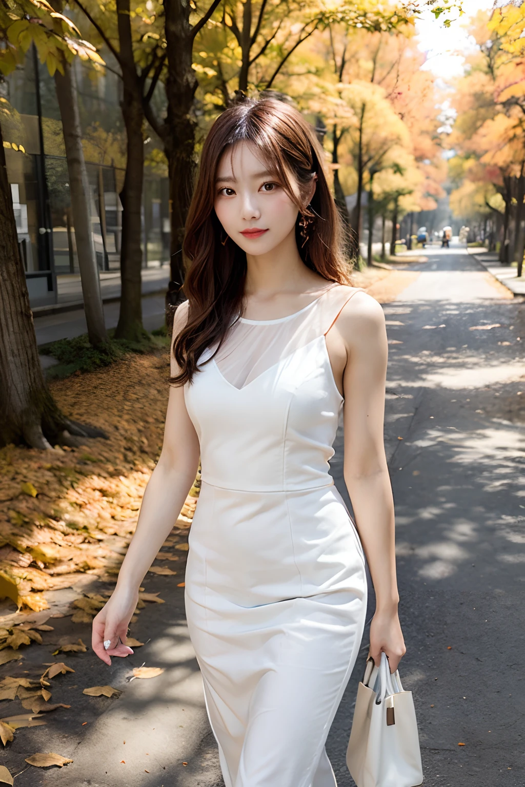 A beautiful woman in a tight white dress takes a walk along the promenade through the orange autumn leaves of the forest.