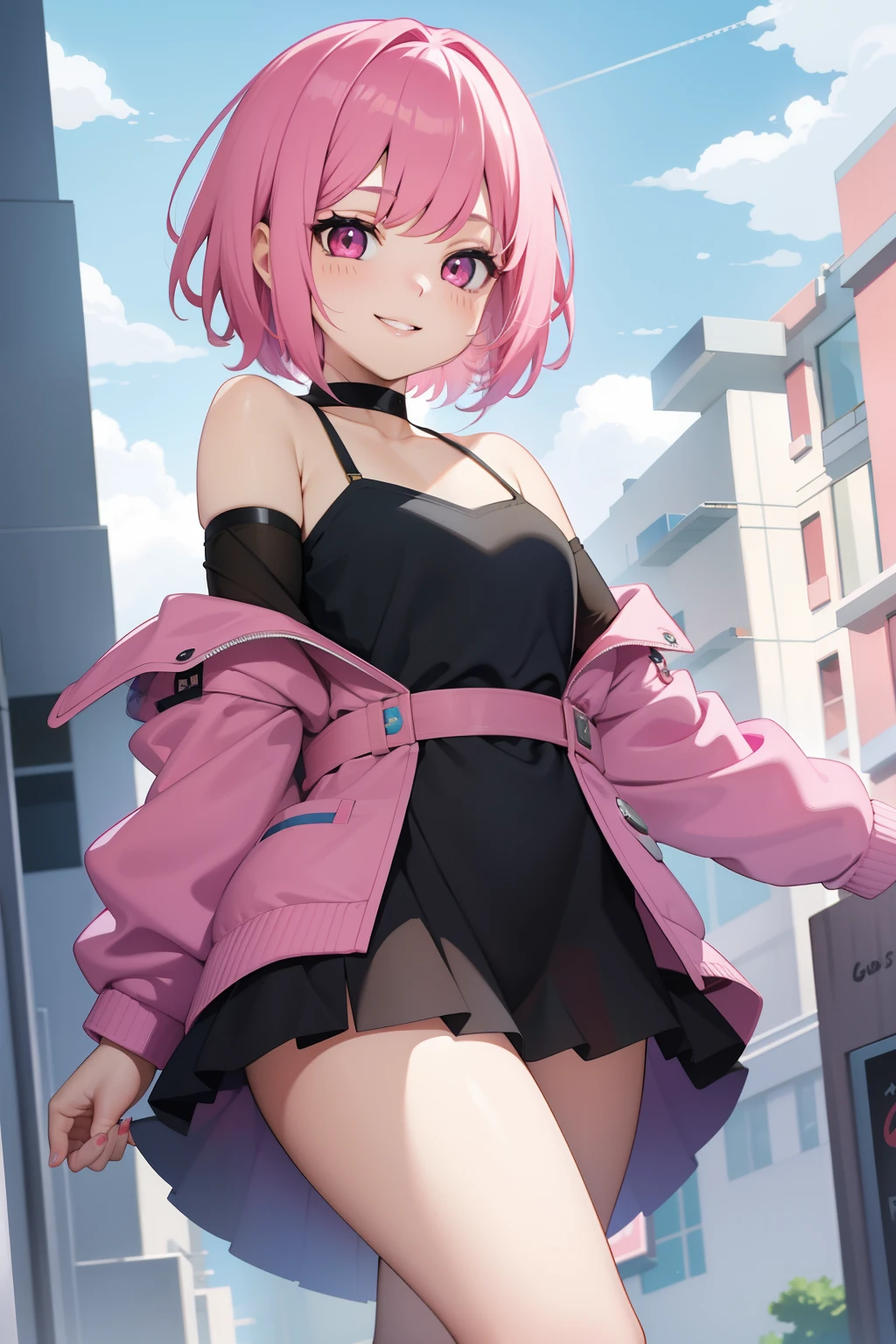 youthful(Pink eyes,short pink hair,Long bangs,Blue Hair Tip),Naughty smile, lust.,Open shoulders