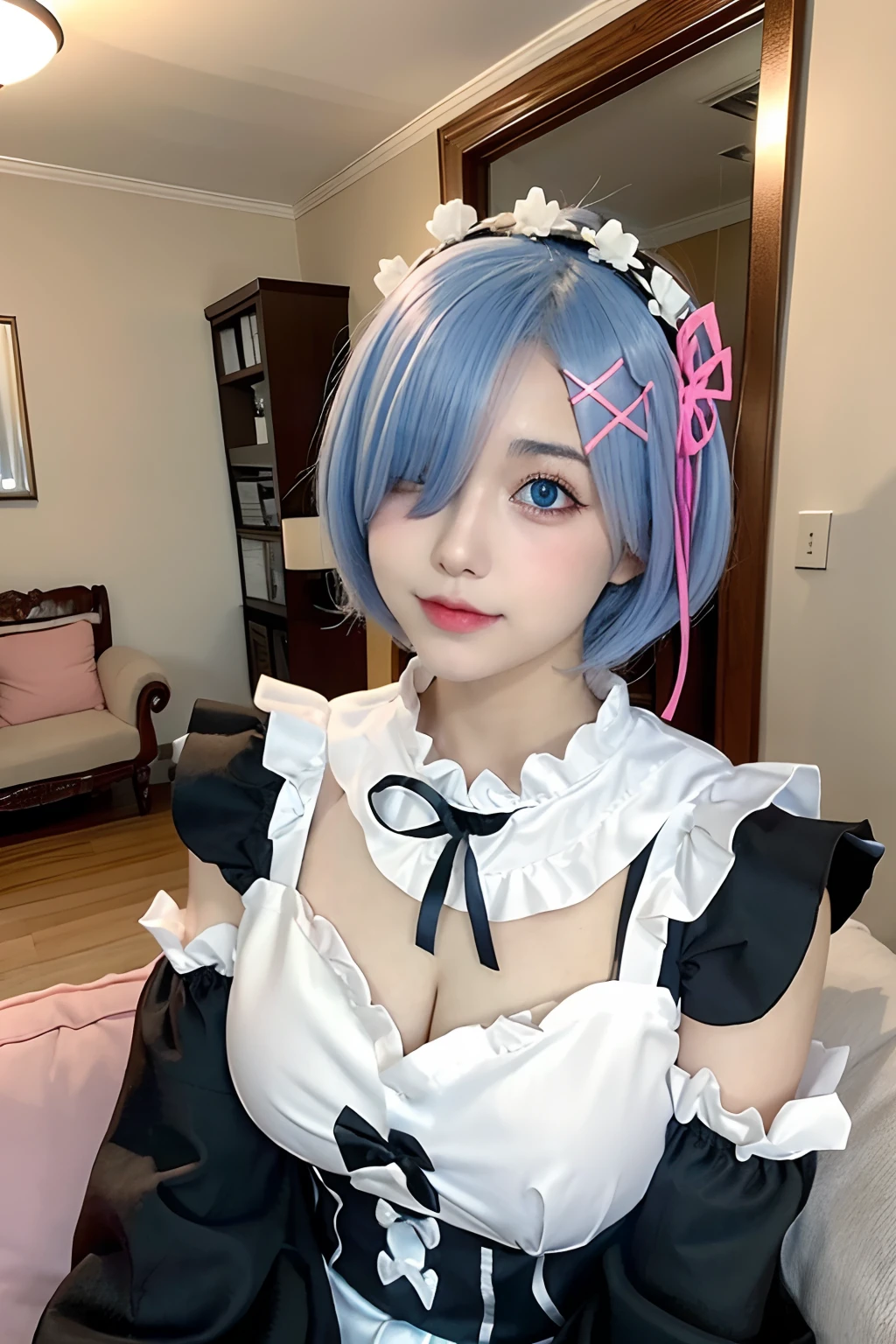 1 girl, maid outfit, short light blue hair, black outfit, maid outfit, bed, exposed shoulders, blue eyes, hairpins, full body, sitting on bed, ((bangs comb on the right))), window, sunlight, (symmetrical eyes)