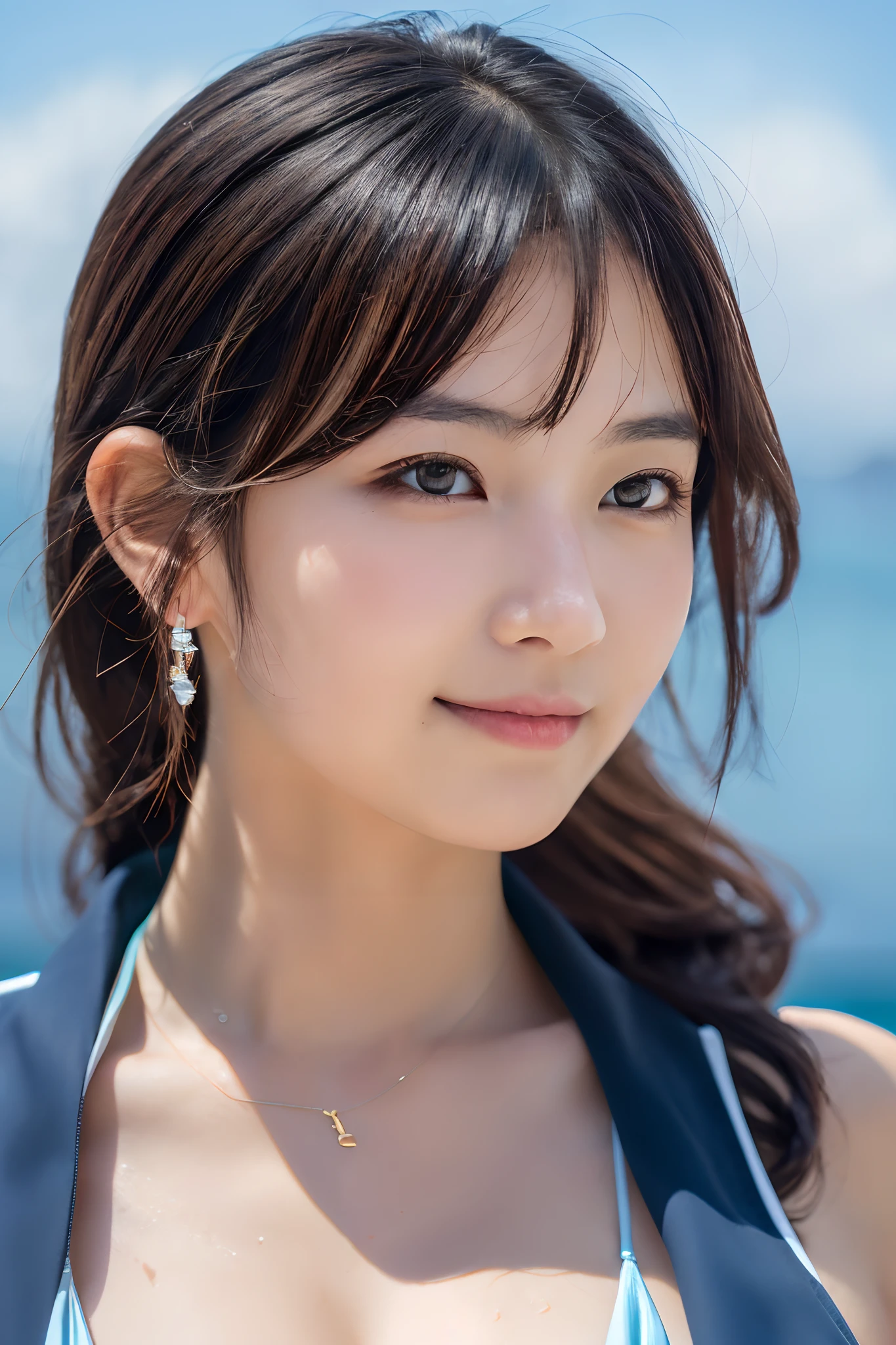 (masutepiece:1.3), (8K, Photorealistic, Raw photo, Best Quality: 1.4), Japanese, (1girl in), Beautiful face, (Realistic face), (Black hair), Beautiful hairstyle, Realistic eyes, Beautiful detailed eyes, (Realistic skin), Beautiful skin, Attractive, 超A high resolution, A hyper-realistic, Highly detailed, Golden ratio,School uniform. (3 Gills:1.5), (Sony Alpha 1, 50.1 megapixel full-frame CMOS sensor, 8K video recording function), (telephoto lens), (Realistic),(8K, 超A high resolution, Best Quality, masutepiece:1.2),Ultra-detailed,beautifull detailed face, FULL ANATOMY,(Beautiful detailed eyes:1.3),Smile,extremely delicate and beautiful, Extremely detailed, nffsw, Unity, 8K Wallpaper, amazing, finely detail, Ultra-detailed, High resolution, Extremely detailed, extremely detailed eye and face,Wet, ((Luxury Hotels:1.1)),((Colorful micro bikini:1.1)), [Ponytail],(huge-breasted, cleavage:1.3),