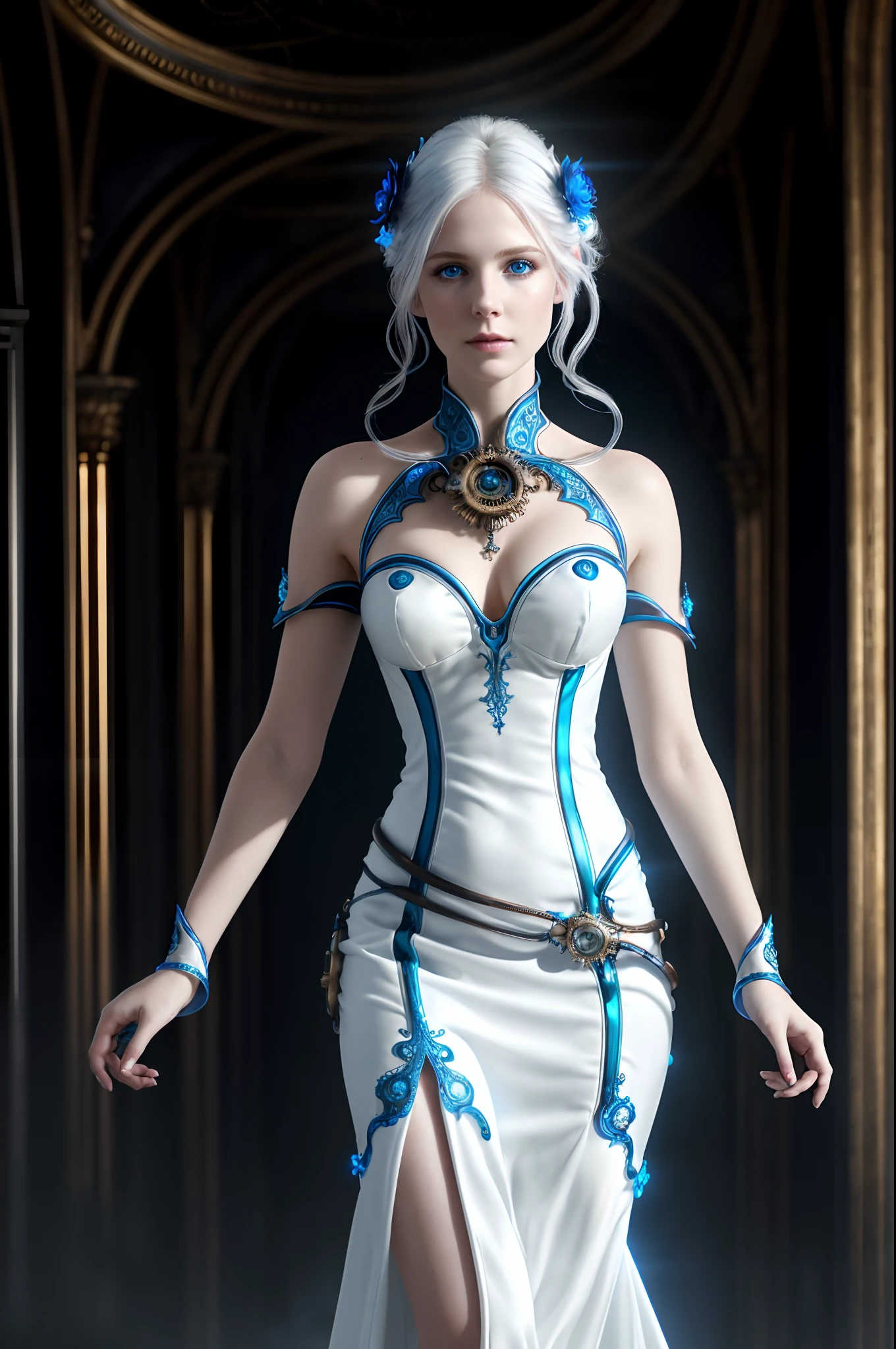 Masterpiece, RAW photo, hyper photorealistic, Shot Full Body, Dramatic shadows, (((Best Quality))), high detail, cute sexy Erin Moriarty, beautiful woman, detailed perfect eyes, luminism, 8k resolution, WLOP, realistic steampunk, fractal isometrics details bioluminescens : a stunning realistic photograph, white platinum hair, octane render, intricately detailed, cinematic, Centered hipereallistic cover photo, awesome full color, dark atmosphere, white and blue exotic minimal dress, blurred steampunk background,
