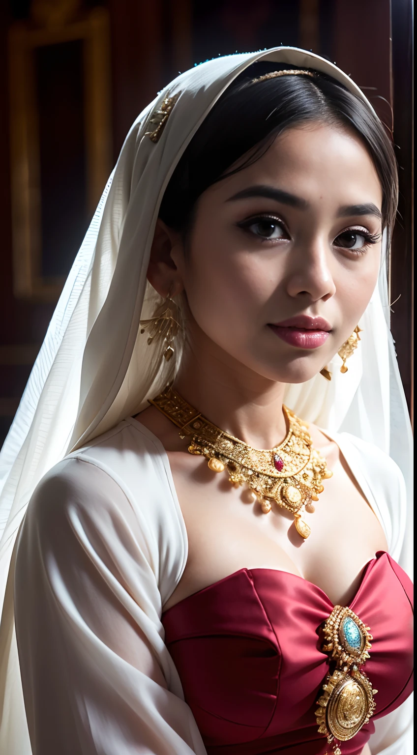 Araffe woman in a red dress with a gold necklace and a white veil ...