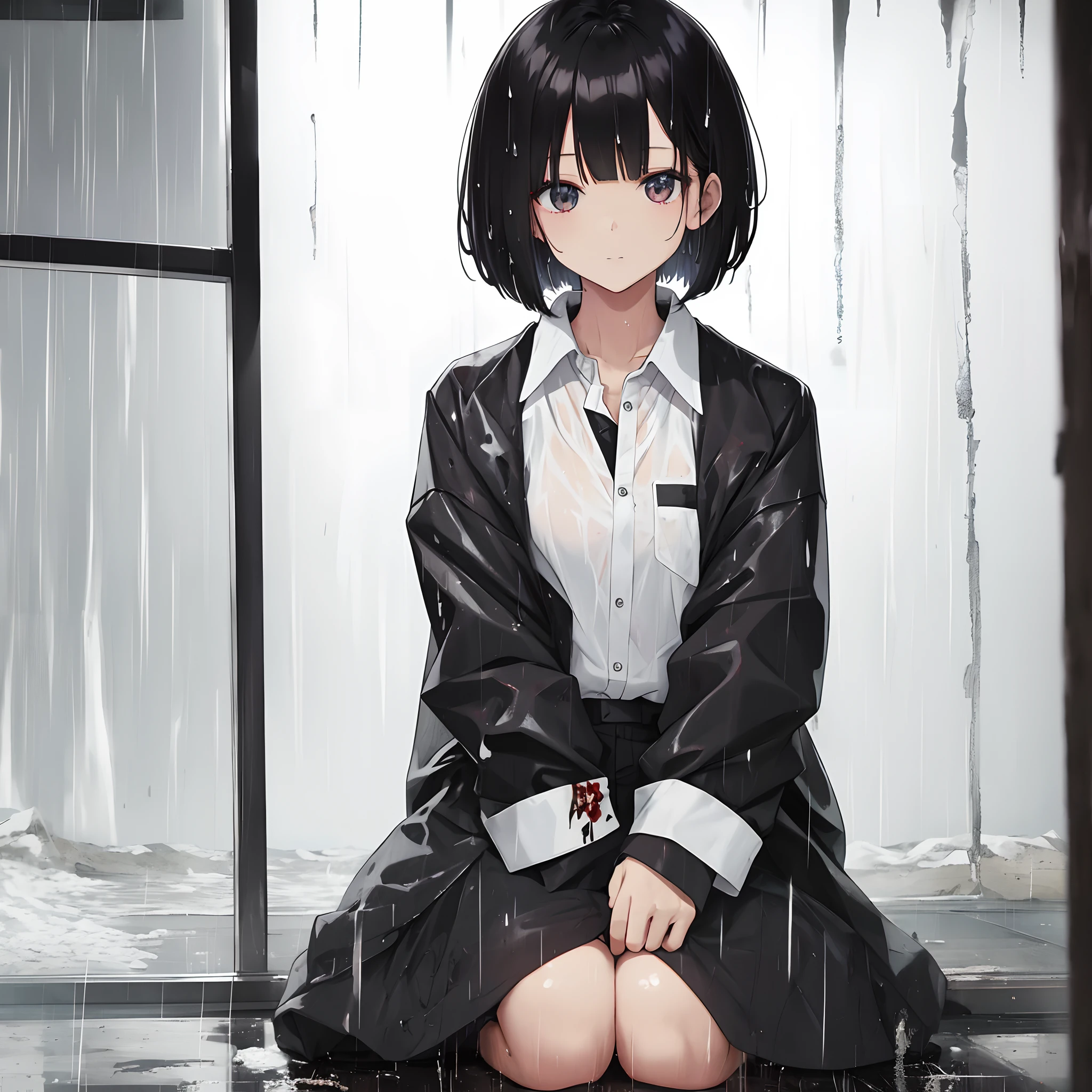 Woman sheltering in the rain、Black medium bob、white  shirt、wet​、Tattered hut、top-quality