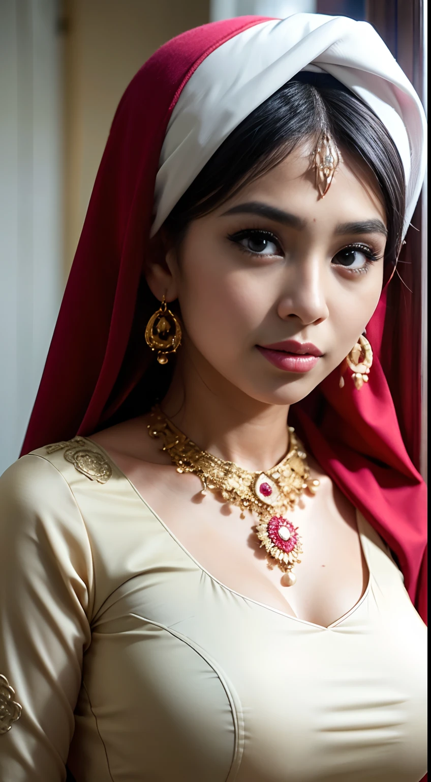 1 malay girl , modern plain hijab,  shy, medium portrait shot , watery  eyes , watery lips, big eyes, ((big breast )) , soft smile, full_body, woman malay in hijap, wearing java wedding woman in red long kebaya dress traditional, glossy lipstick, golden necklace, earrings, ornate,intricate decoration, detail, flowers, blurry background, soft focus