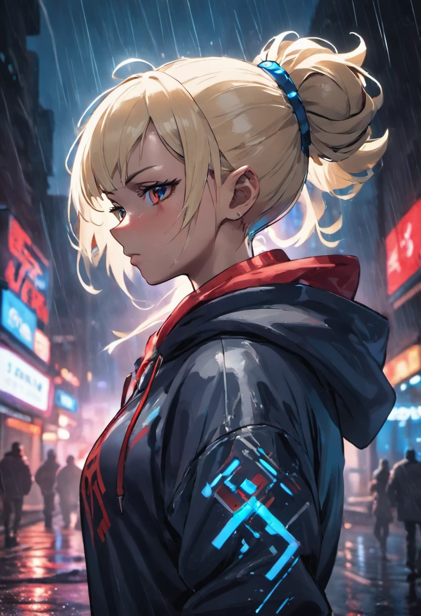 Close-up photos, Confident young cyberpunk woman with blonde and white hair in a bun, Wearing a hoodie with red and blue design, On a rainy street at night, Photorealistic, Cinematic lighting