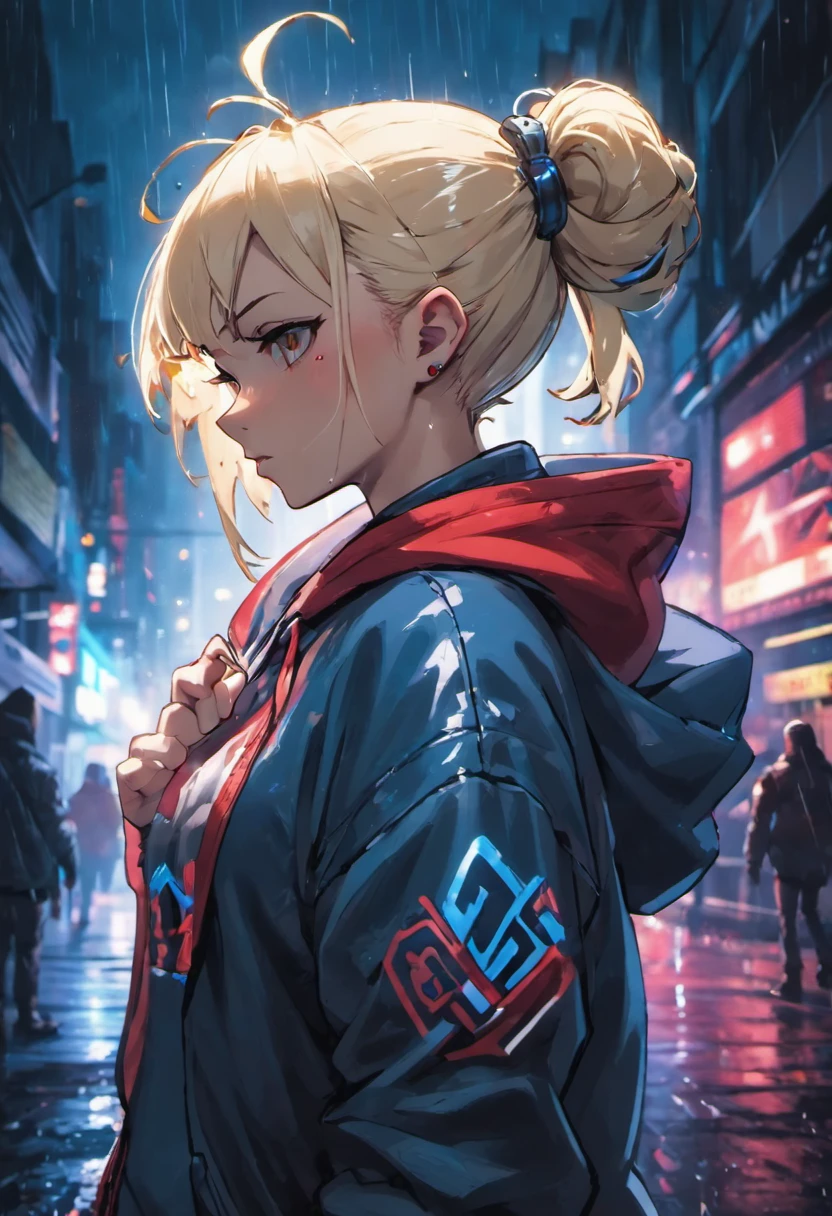 Close-up photos, Confident young cyberpunk woman with blonde and white hair in a bun, Wearing a hoodie with red and blue design, On a rainy street at night, Photorealistic, Cinematic lighting