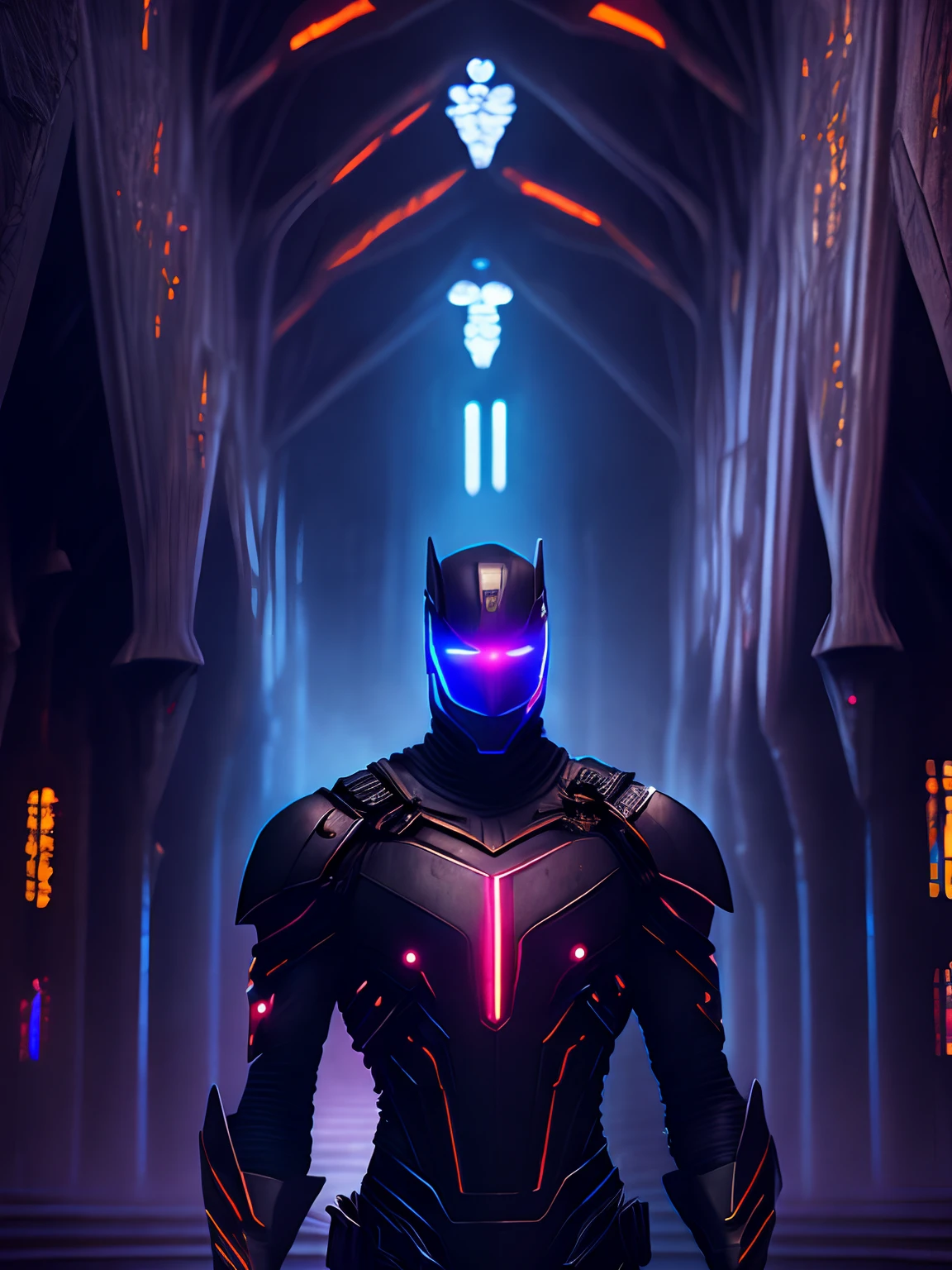 dark portrait of Marvel Comics' Black Knight with intricate angular cybernetic implants inside a brutalist building, gothic brutalist cathedral, cyberpunk, Foto premiada, Bokeh, Neon lights, cybernetic limb