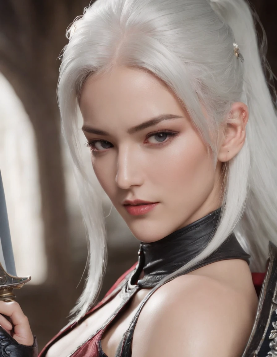 a close up of a person in a costume with a sword, as a character in tekken, female character, tifa lockhart with white hair, katana zero video game character, lunar themed attire, kda, slim body, cyborg - girl with silver hair, upper body avatar, (( medium breast;1.2)), fashion gameplay screenshot, fighting game character, new character, floralpunk elysian maiden, sigma female