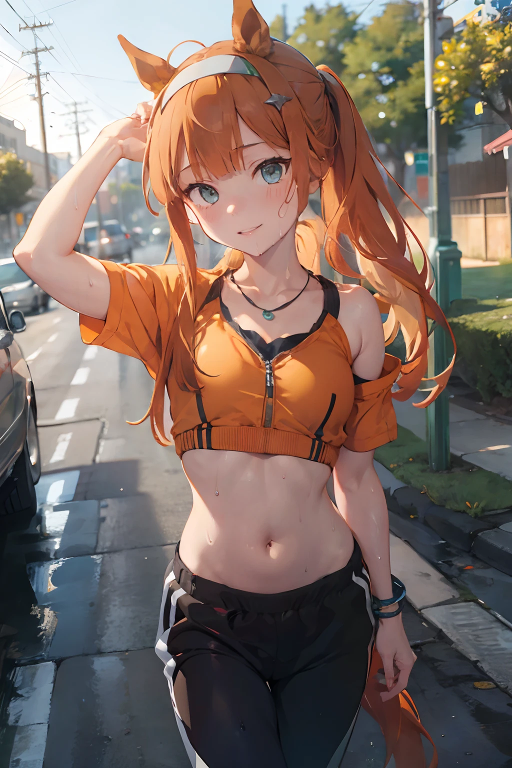 nsfw, masterpiece, 1 girl, ((topless)), intricately detailed, navel, necklace, orange hair, jogging pants, smiling, extremely detailed, photorealistic, octane render, 8 k, unreal engine., bare breasts, bare stomach, sweaty, beautiful face, small breasts, flat chest, silence suzuka \(umamusume\), park, horse ear, horse tail, bare shoulders, nipples, holding water bottle, nipples, running, open mouth