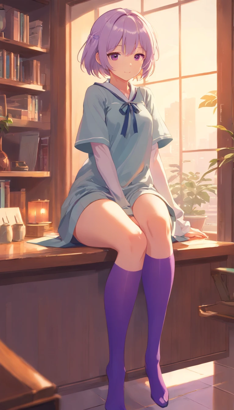 best qualtiy, tmasterpiece, 超高分辨率, realisticlying, 1 girl, Long milky white hair,Heterochromic pupils,Long legs,JK set,With his head bowed,cheerfulness,Purple stockings,chies,stately,wide angles