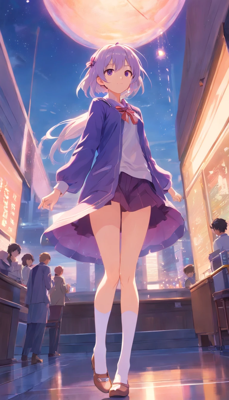 best qualtiy, tmasterpiece, 超高分辨率, realisticlying, 1 girl, Long milky white hair,Heterochromic pupils,Long legs,JK set,With his head bowed,cheerfulness,Purple stockings,chies,stately,wide angles