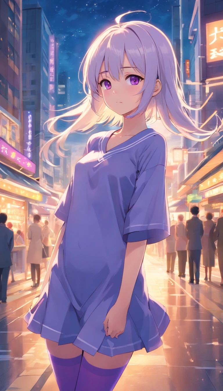 best qualtiy, tmasterpiece, 超高分辨率, realisticlying, 1 girl, Long milky white hair,Heterochromic pupils,Long legs,JK set,With his head bowed,cheerfulness,Purple stockings,chies,stately,wide angles