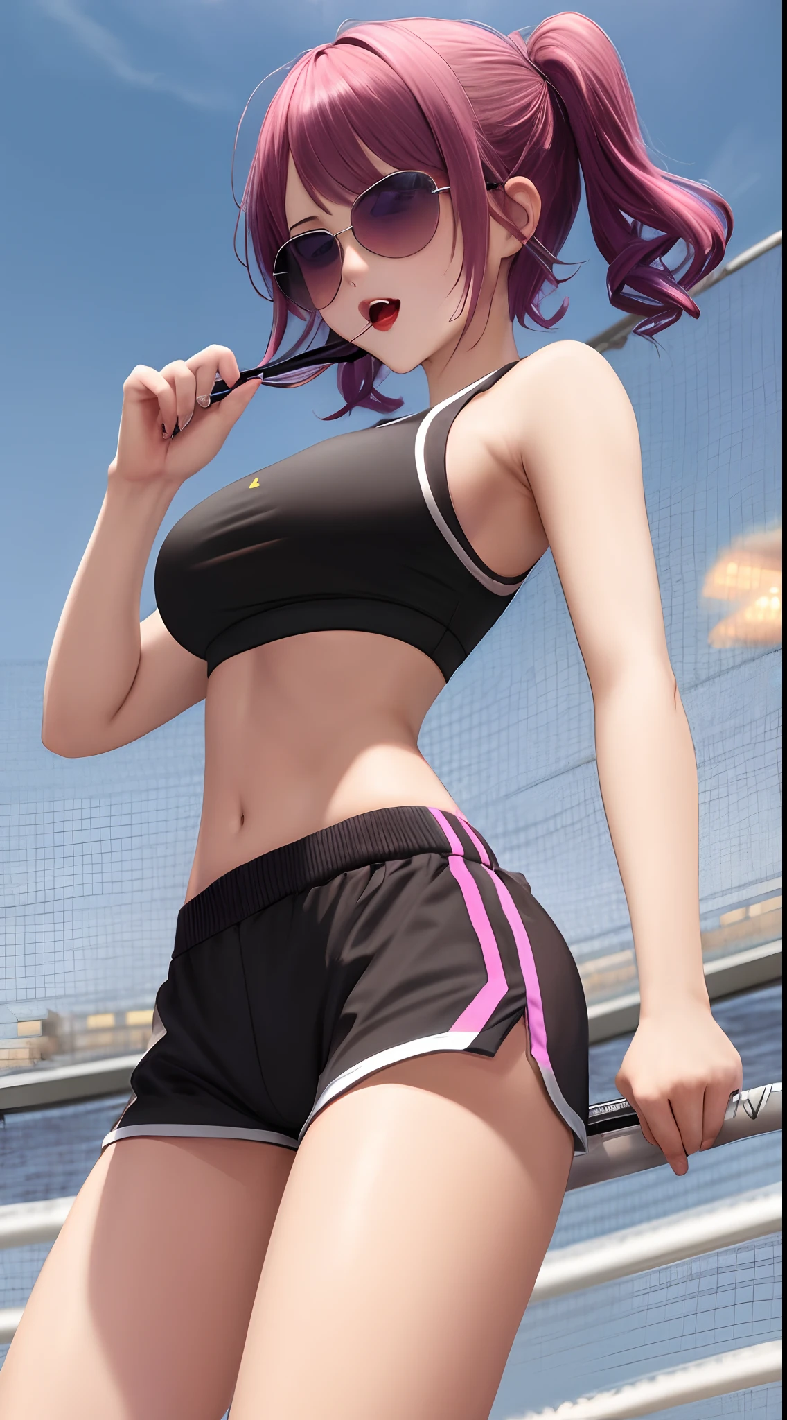 Pink short hair, fang out, ringlets,average breasts, pale color, purple theme, upturned eyes, eyelashes, (sports bra:1.3), sports sunglasses,