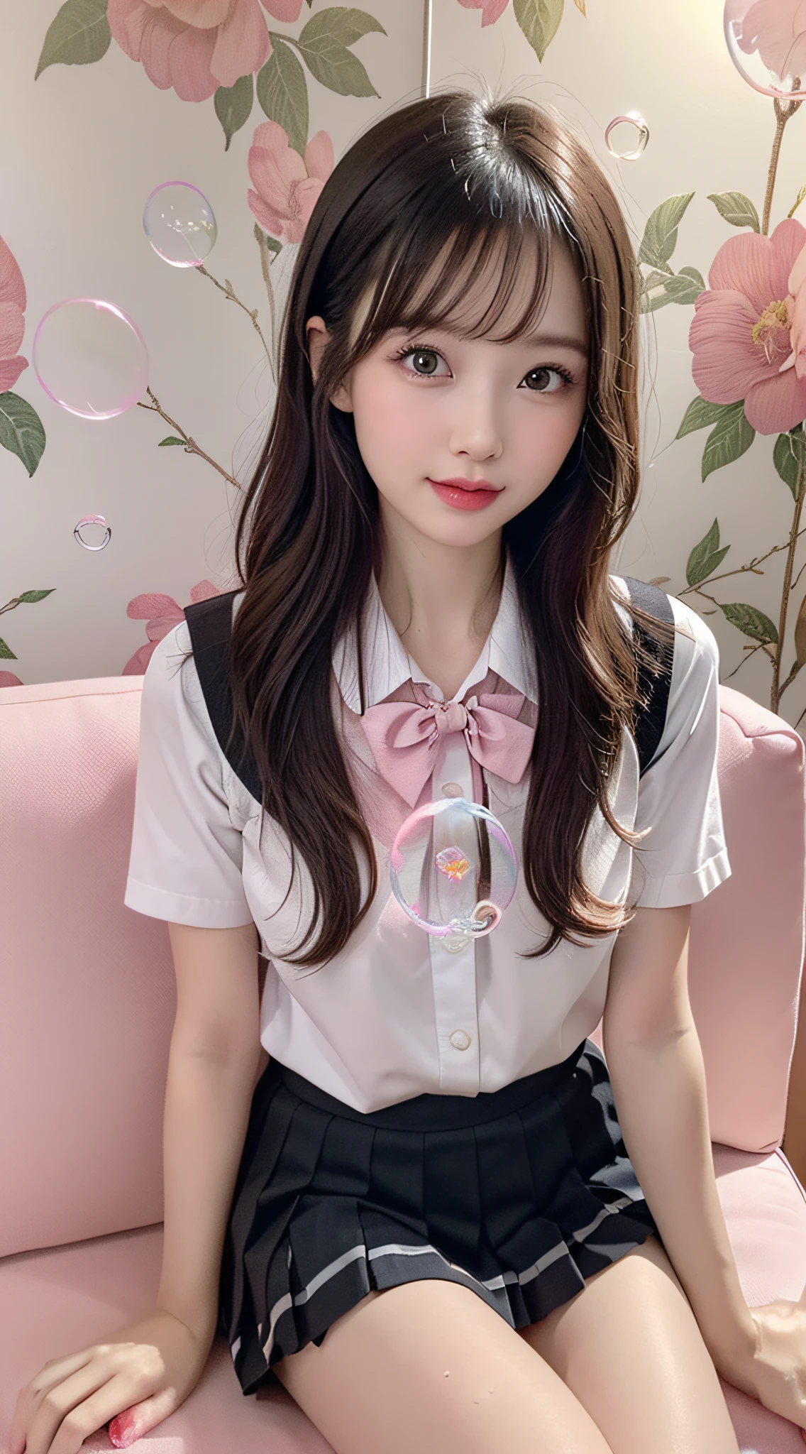 (1girl), Amazing face and eyes, (big round eyes:1.15), (extremely detailed beautiful face), (school uniform, pleated mini skirt:1.3), (school uniform with open breasts), (Best Quality:1.4), (Ultra-detailed), (Ultra realistic, photo-realistic:1.37), beautiful fair skin, extremely detailed CG unified 8k wallpaper, raw photos, professional photograpy, cinematic lighting, (A cute photo studio with pink floral wallpaper, lots of soap bubbles:1.5), ((sitting on a cute sofa)), spread legs wide open, Staring at me, fashionable, trendy, ((warm lighting)),