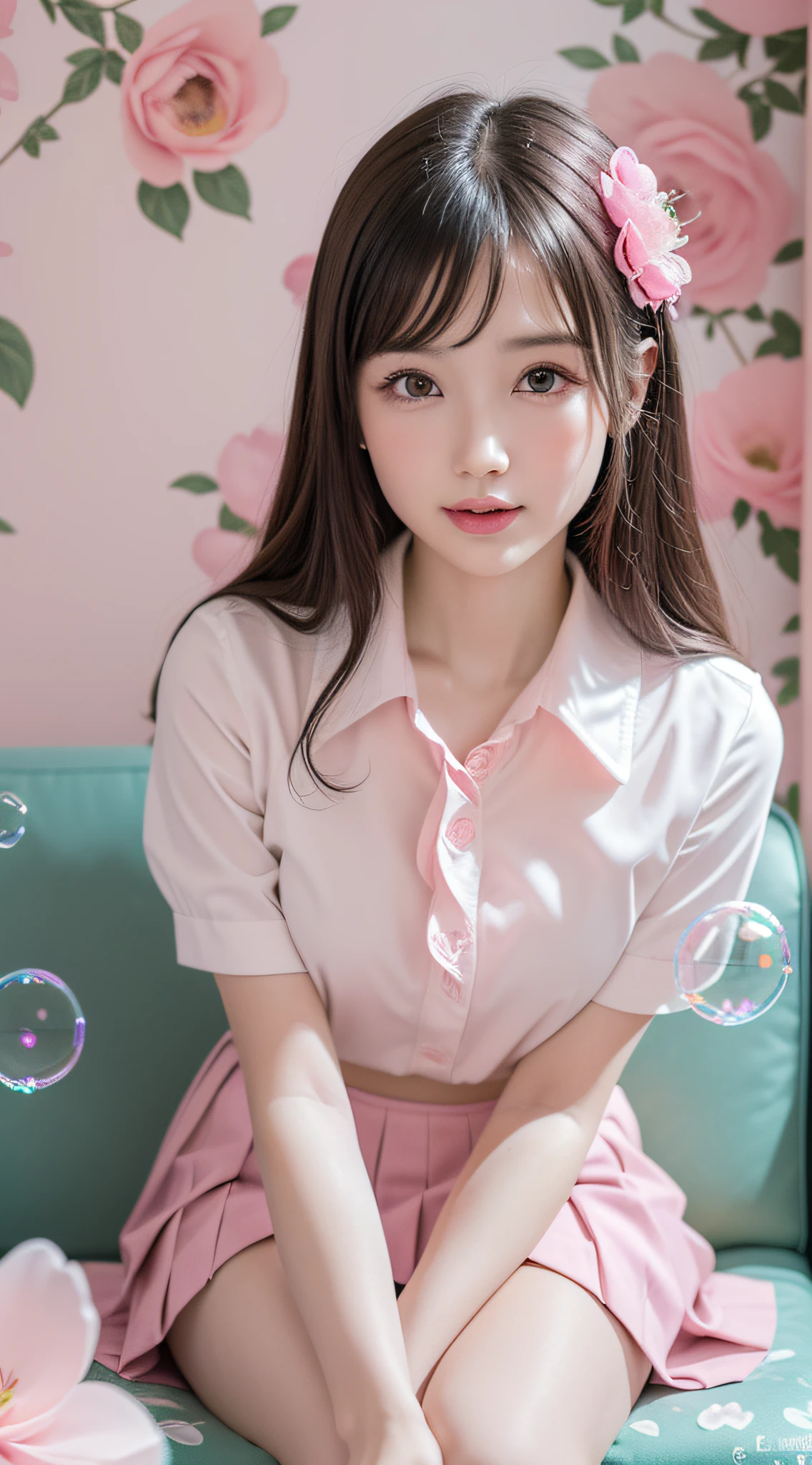 (1girl), Amazing face and eyes, (big round eyes:1.15), (extremely detailed beautiful face), (school uniform, pleated mini skirt:1.3), (school uniform with open breasts), (Best Quality:1.4), (Ultra-detailed), (Ultra realistic, photo-realistic:1.37), beautiful fair skin, extremely detailed CG unified 8k wallpaper, raw photos, professional photograpy, cinematic lighting, (A cute photo studio with pink floral wallpaper, pink flower, lots of soap bubbles:1.5), ((sitting on a cute sofa)), spread legs wide open, Staring at me, fashionable, trendy, ((warm lighting)),