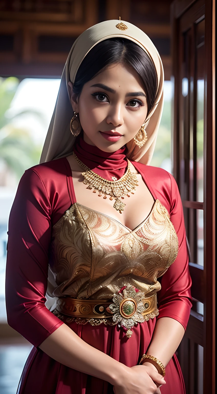 1 malay girl , modern plain hijab,  shy, medium portrait shot , watery  eyes , watery lips, big eyes, ((big breast )) , soft smile, full_body, woman malay in hijap, wearing java wedding woman in red long kebaya dress traditional, glossy lipstick, golden necklace, earrings, ornate,intricate decoration, detail, flowers, blurry background, soft focus