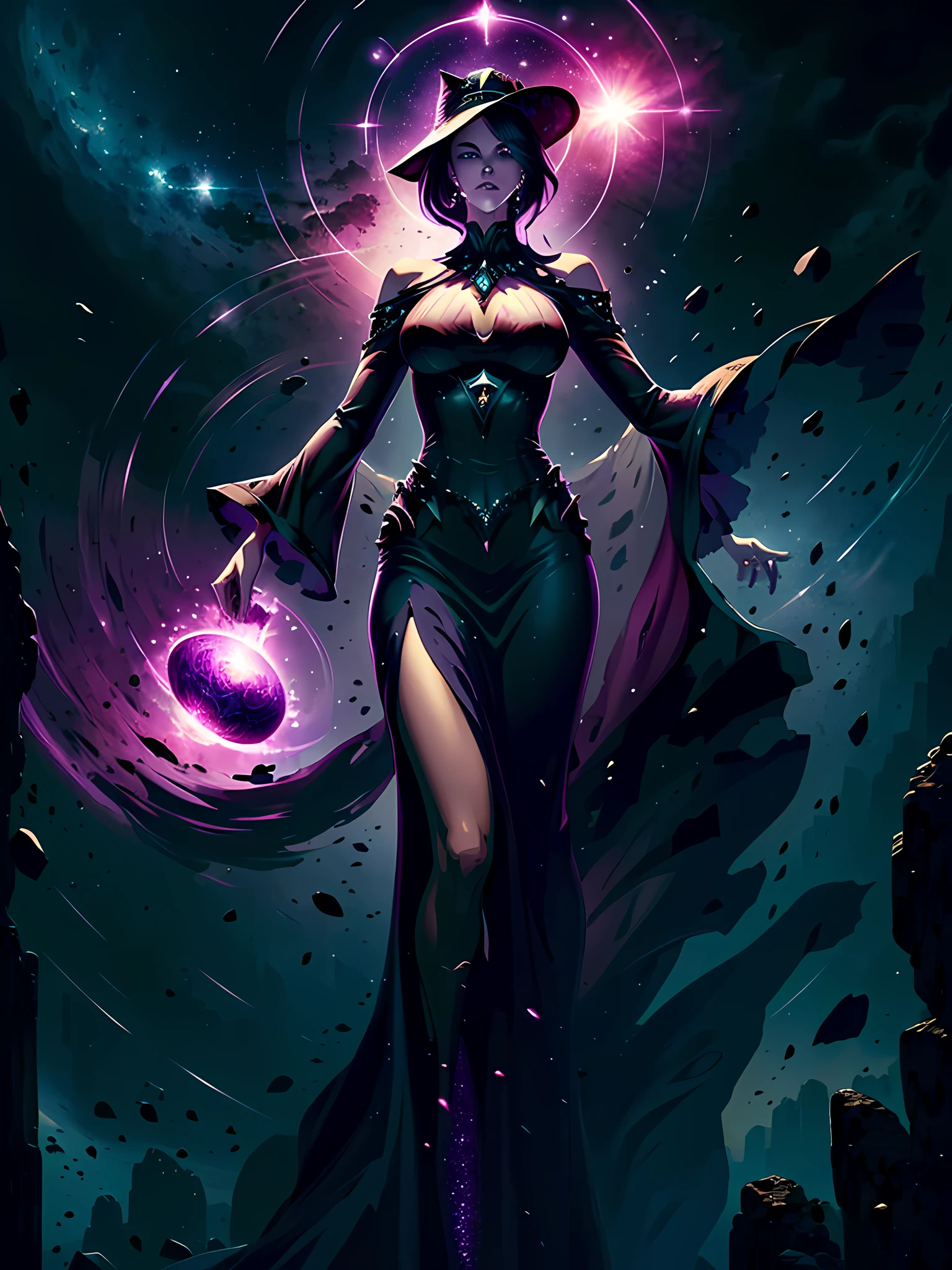 Top quality, Photorealistic, 8K, High Definition, Unity 8K wallpaper, high res, ultra sharp, masterpiece, ((masterpiece)), best quality, expressive eyes, perfect face, Super eyes, masterpiece, highly detailed exquisite character art, epic fantasy digital art style, detailed digital 3D fantasy art, ultra-realistic, Top quality, Photorealistic, 8K, High Definition, absurd res, high res, ultra sharp, masterpiece, (masterpiece), best quality, expressive eyes, perfect face, Super eyes, masterpiece, highly detailed exquisite character art, epic fantasy digital art style, detailed digital 2d fantasy art, ultra-realistic, mythology, female, goddess of the night, Nyx of night, midnight, black and purple glitter Stretch Bodycon Midi Dress, , glitter, glamourous, classy, sexy, rsized purple sun hat, stars in the sky, dark makeup, rings, necklace, earrings, dark powers, in an astral plane, moonlight god rays, magical heroic pose, magical