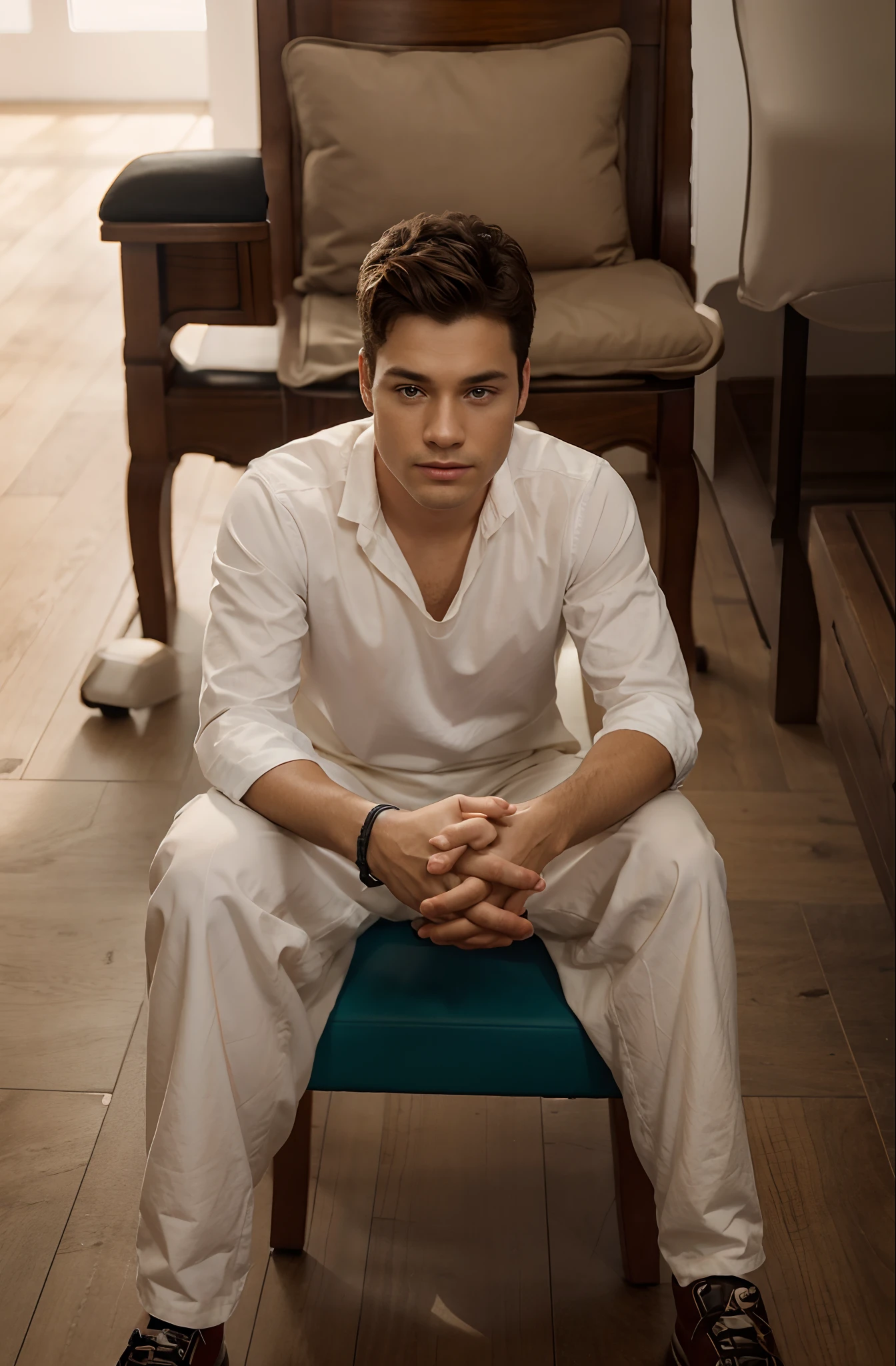 Change background, Sitting on a chair. boy, realistic face, 8k, ultra realistic,