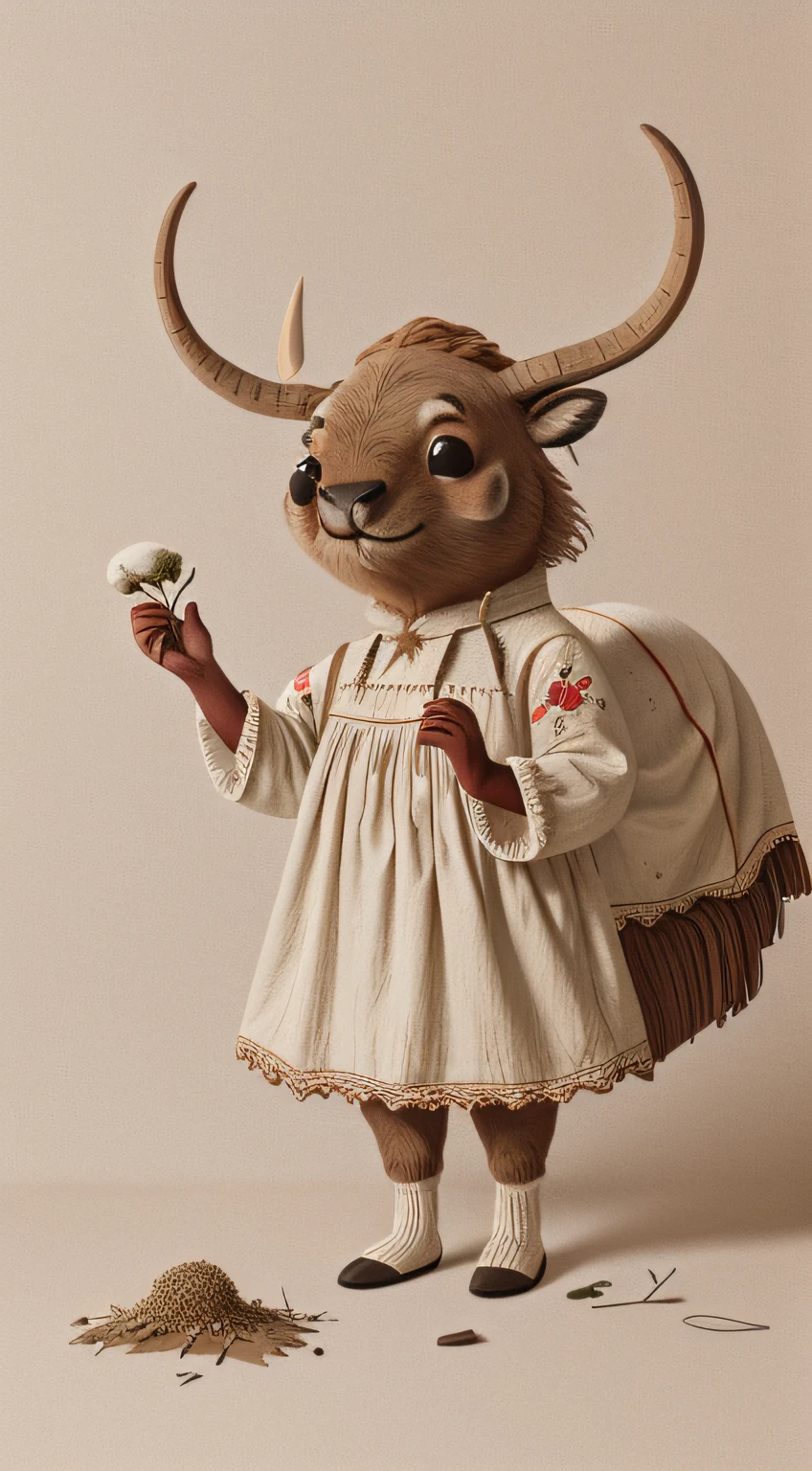 A buffalo dressed in a cotton embroidered costume，In the bare earth，Hand seeds，With a smile